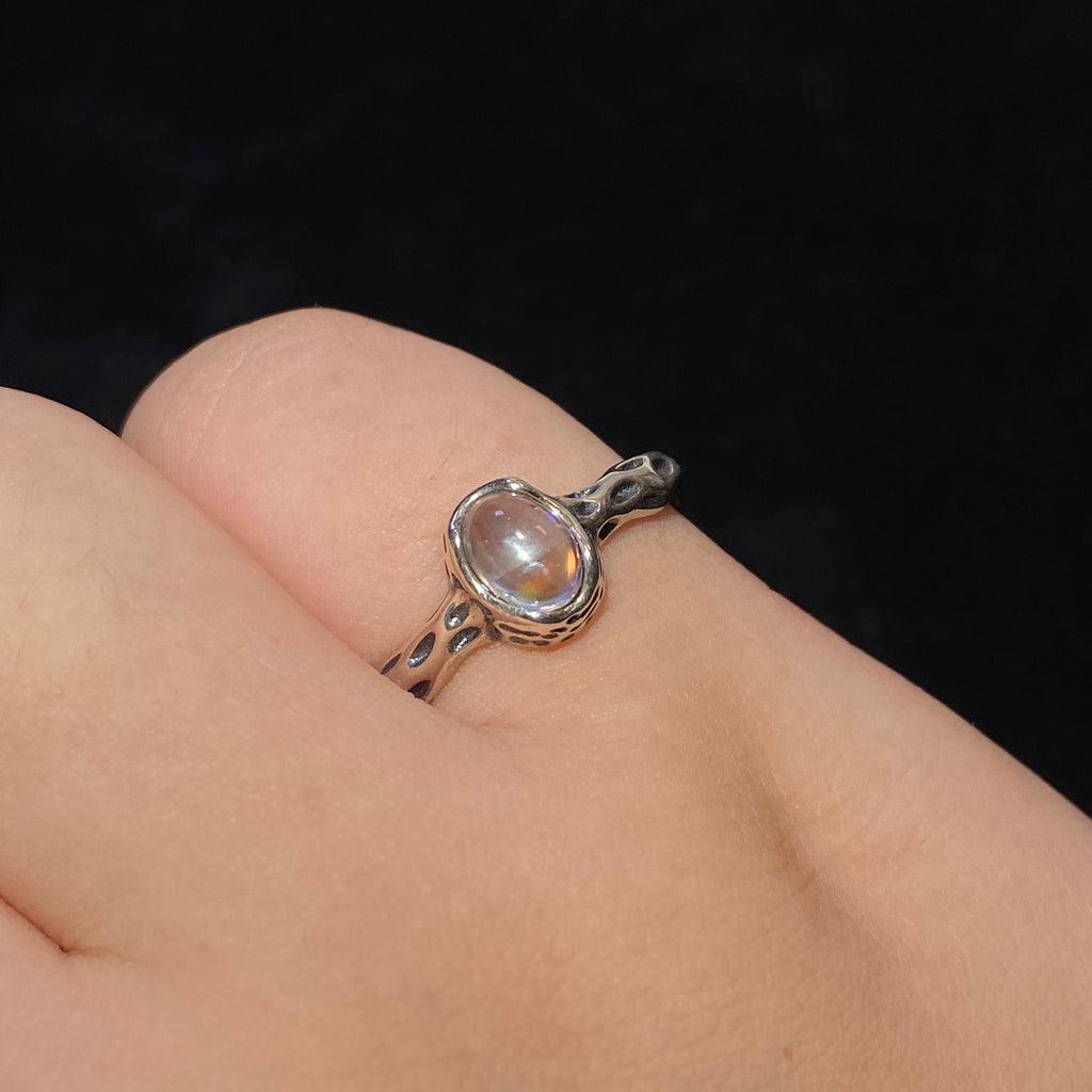 Oval Blue Flash Moonstone Twisted 925 Sterling Silver Adjustable Open Ring Textured twist band natural moonstone dainty June birthstone stackable ring