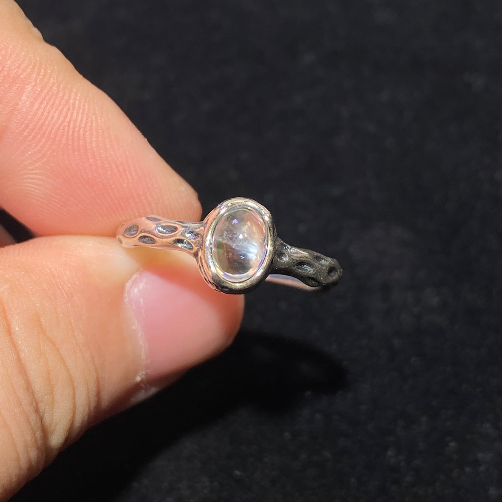 Oval Blue Flash Moonstone Twisted 925 Sterling Silver Adjustable Open Ring Textured twist band natural moonstone dainty June birthstone stackable ring
