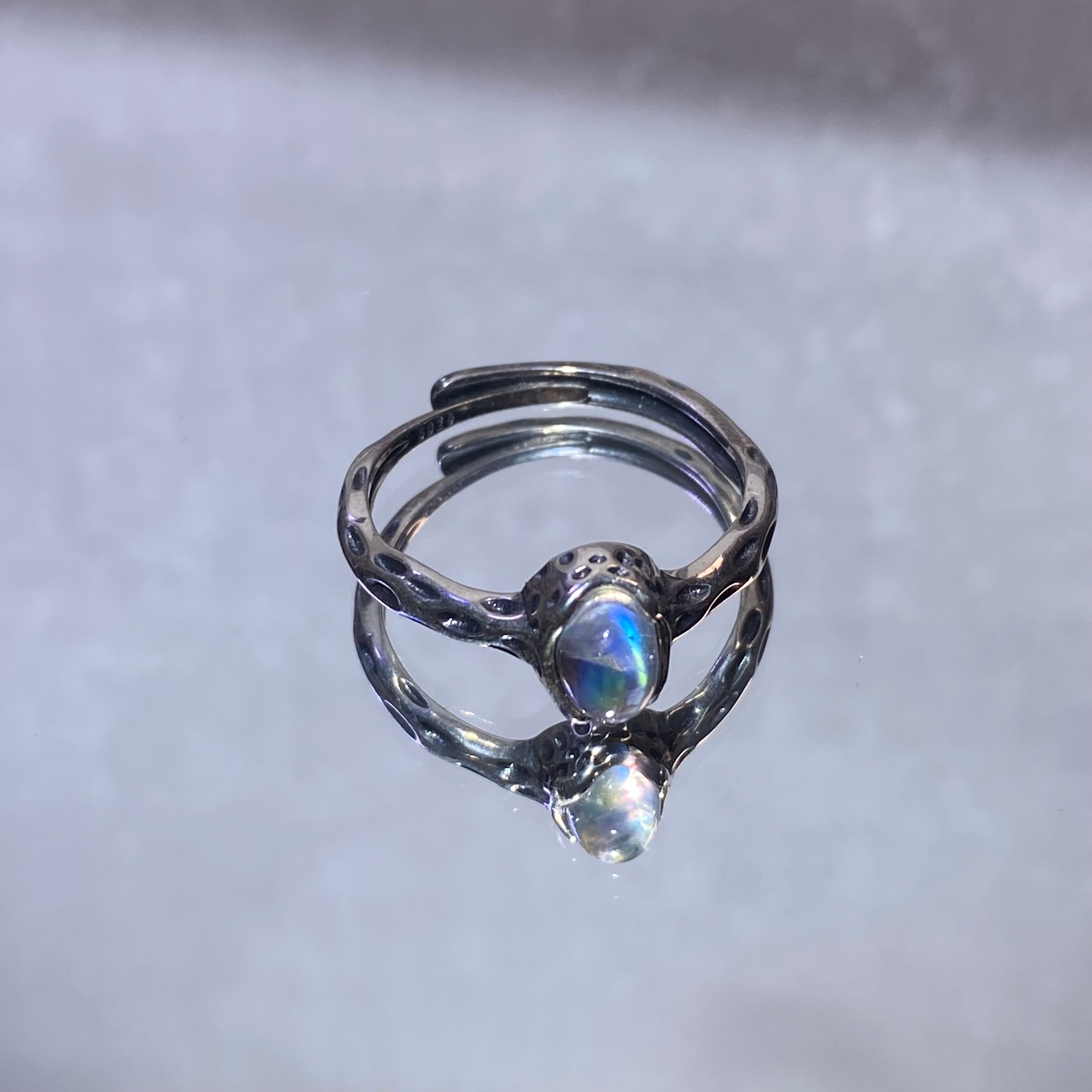 Oval Blue Flash Moonstone Twisted 925 Sterling Silver Adjustable Open Ring Textured twist band natural moonstone dainty June birthstone stackable ring