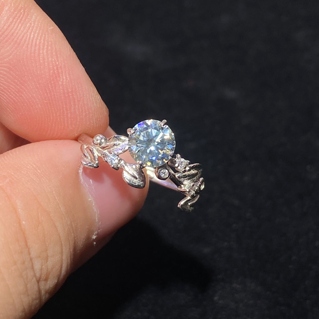 Round Brilliant Sparkling Moissanite Floral Vine Adjustable Open Ring Delicate nature floral carved S925 silver dainty fairy stackable finger ring