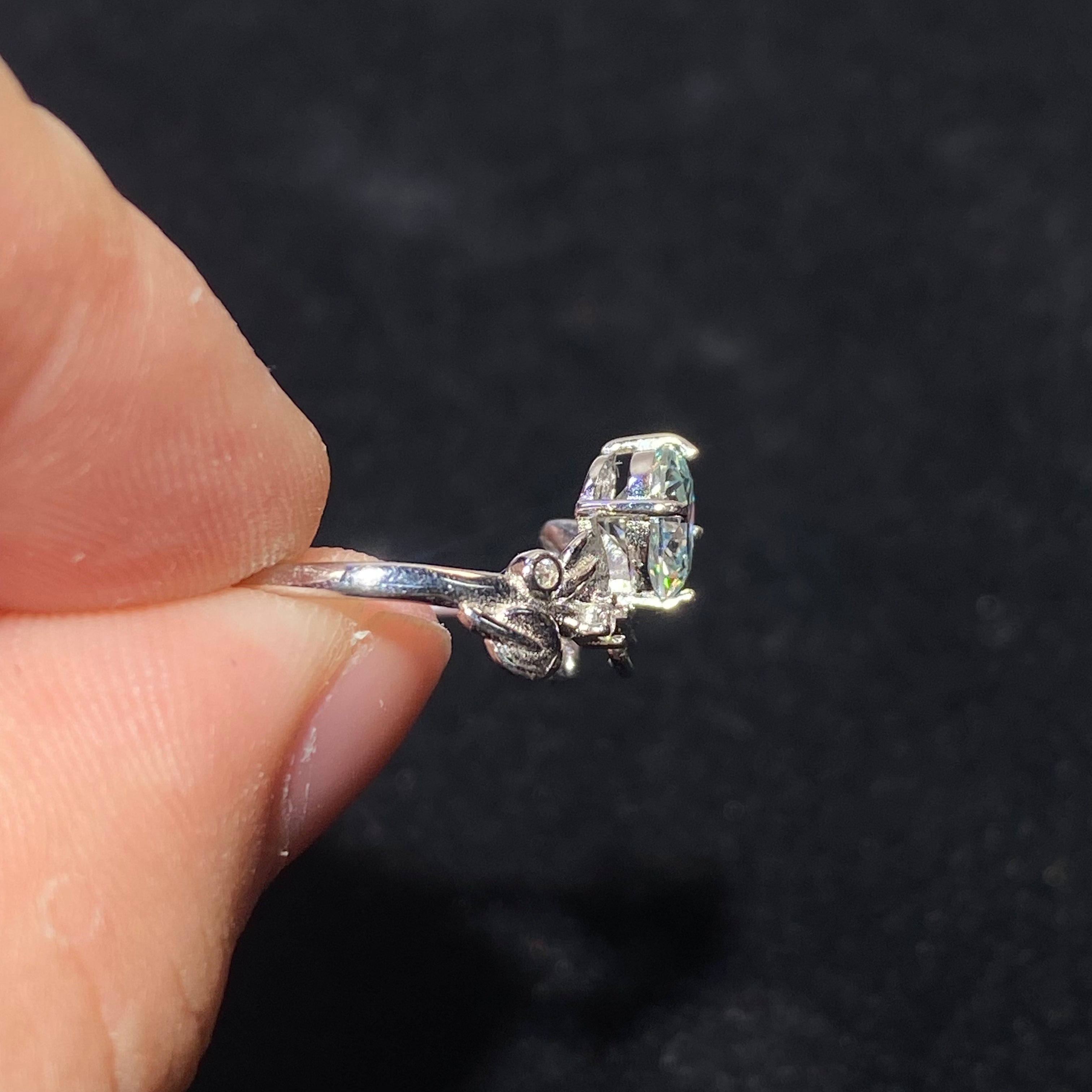 Round Brilliant Sparkling Moissanite Floral Vine Adjustable Open Ring Delicate nature floral carved S925 silver dainty fairy stackable finger ring