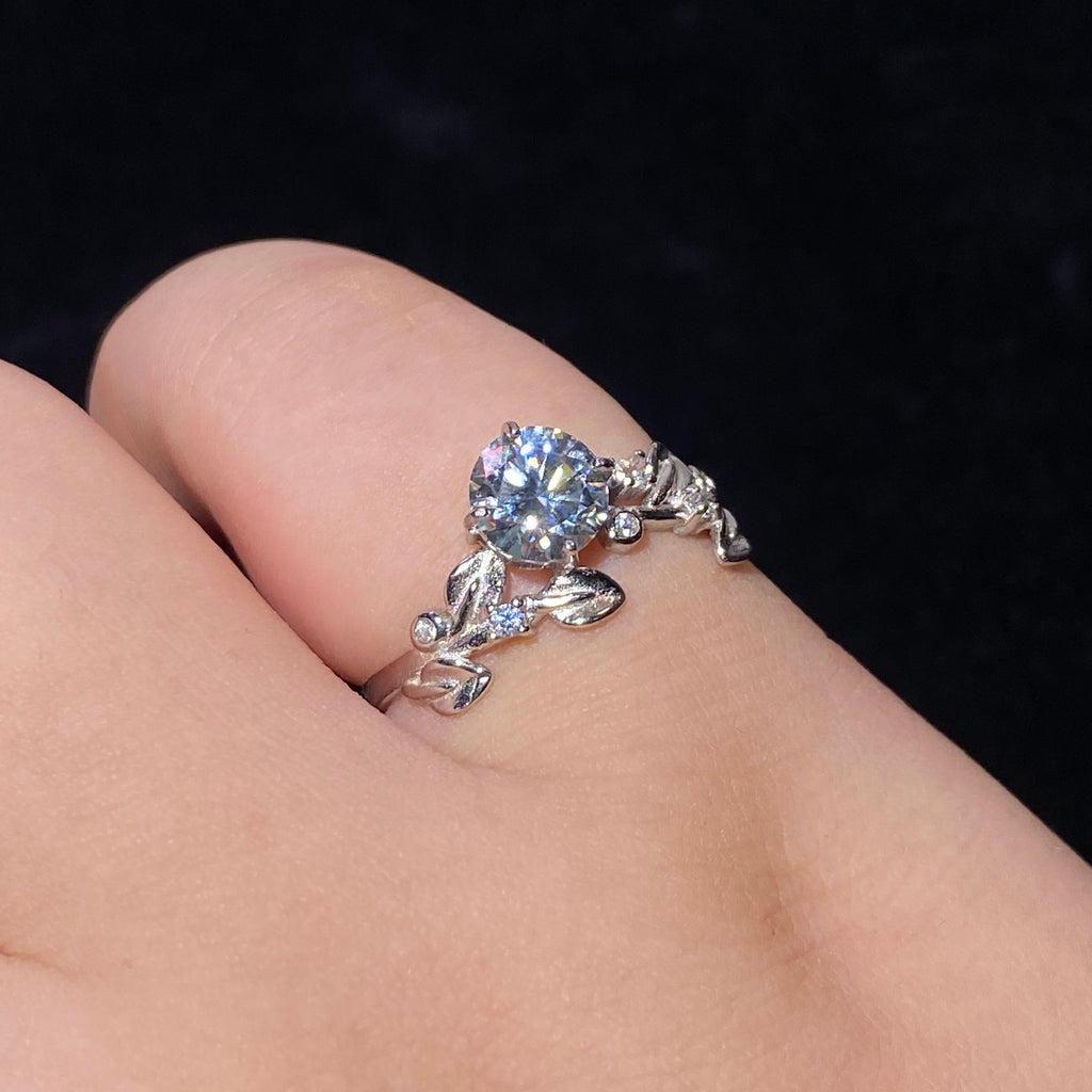 Round Brilliant Sparkling Moissanite Floral Vine Adjustable Open Ring Delicate nature floral carved S925 silver dainty fairy stackable finger ring