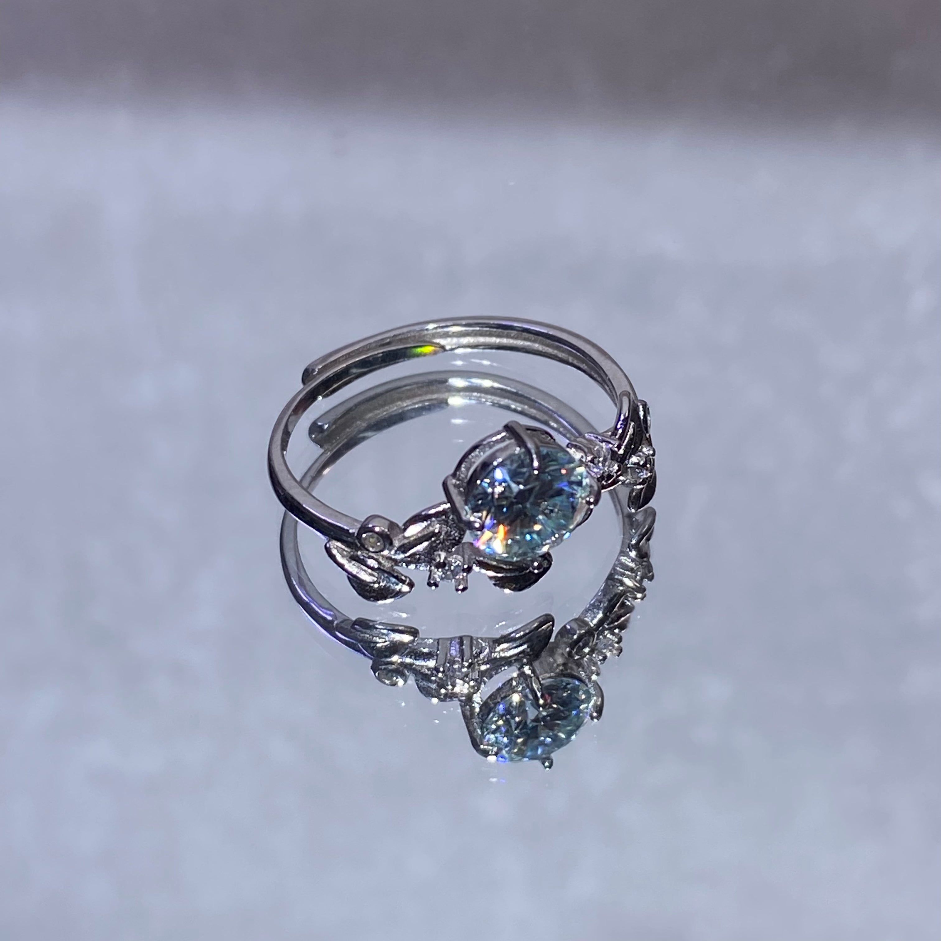 Round Brilliant Sparkling Moissanite Floral Vine Adjustable Open Ring Delicate nature floral carved S925 silver dainty fairy stackable finger ring
