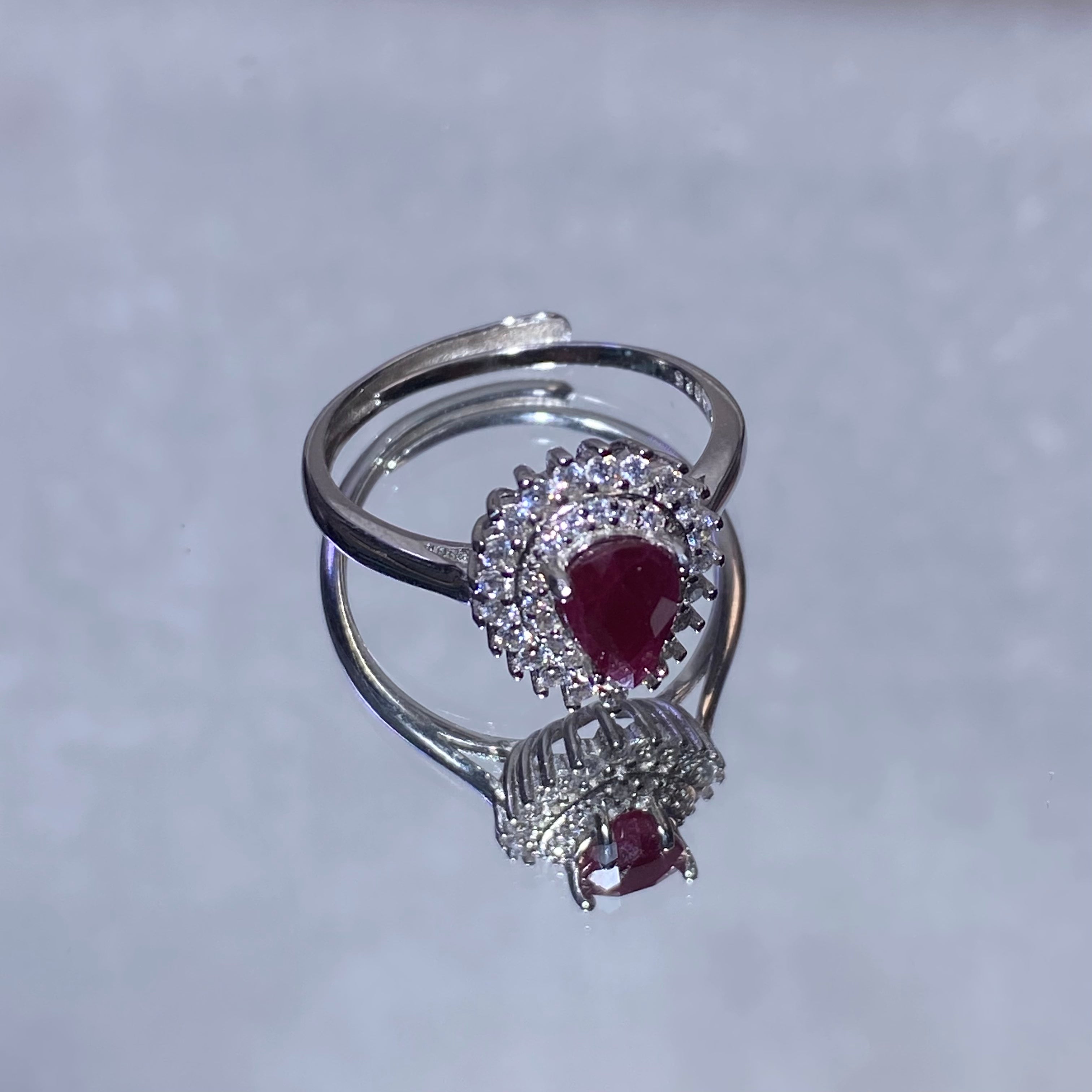 Pear Heart Natural Ruby Sunburst Halo Cocktail Ring Vivid fiery red ruby surrounded by sparkling moissanite halo luxury vintage banquet ring
