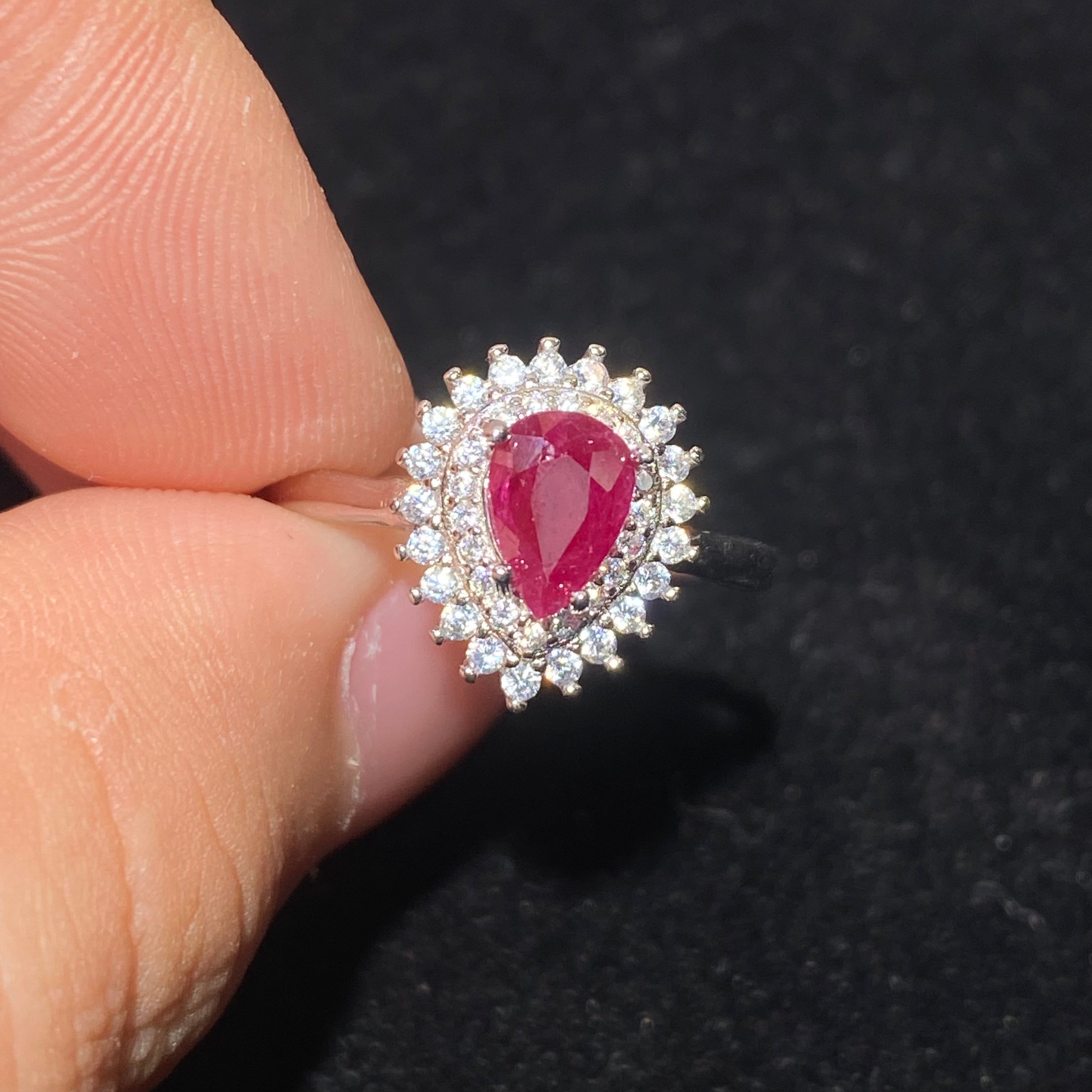 Pear Heart Natural Ruby Sunburst Halo Cocktail Ring Vivid fiery red ruby surrounded by sparkling moissanite halo luxury vintage banquet ring