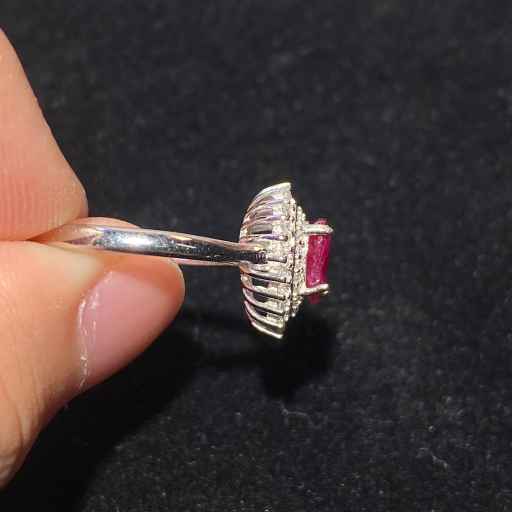 Pear Heart Natural Ruby Sunburst Halo Cocktail Ring Vivid fiery red ruby surrounded by sparkling moissanite halo luxury vintage banquet ring