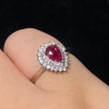 Pear Heart Natural Ruby Sunburst Halo Cocktail Ring Vivid fiery red ruby surrounded by sparkling moissanite halo luxury vintage banquet ring