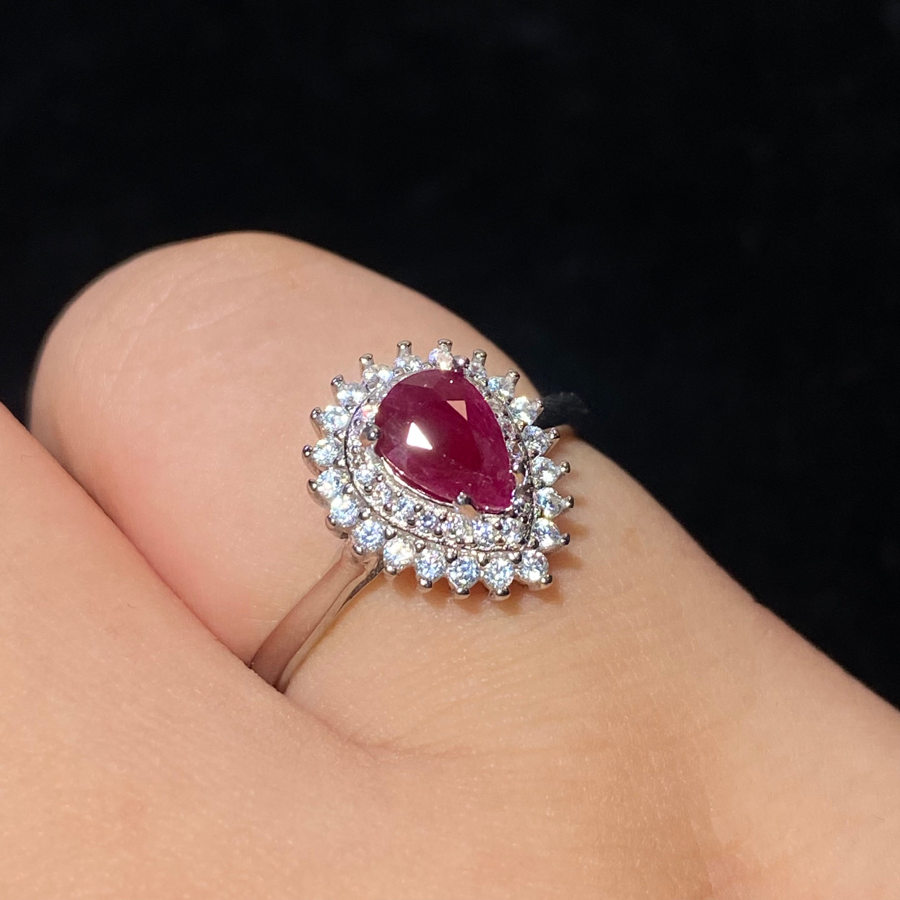 Pear Heart Natural Ruby Sunburst Halo Cocktail Ring Vivid fiery red ruby surrounded by sparkling moissanite halo luxury vintage banquet ring