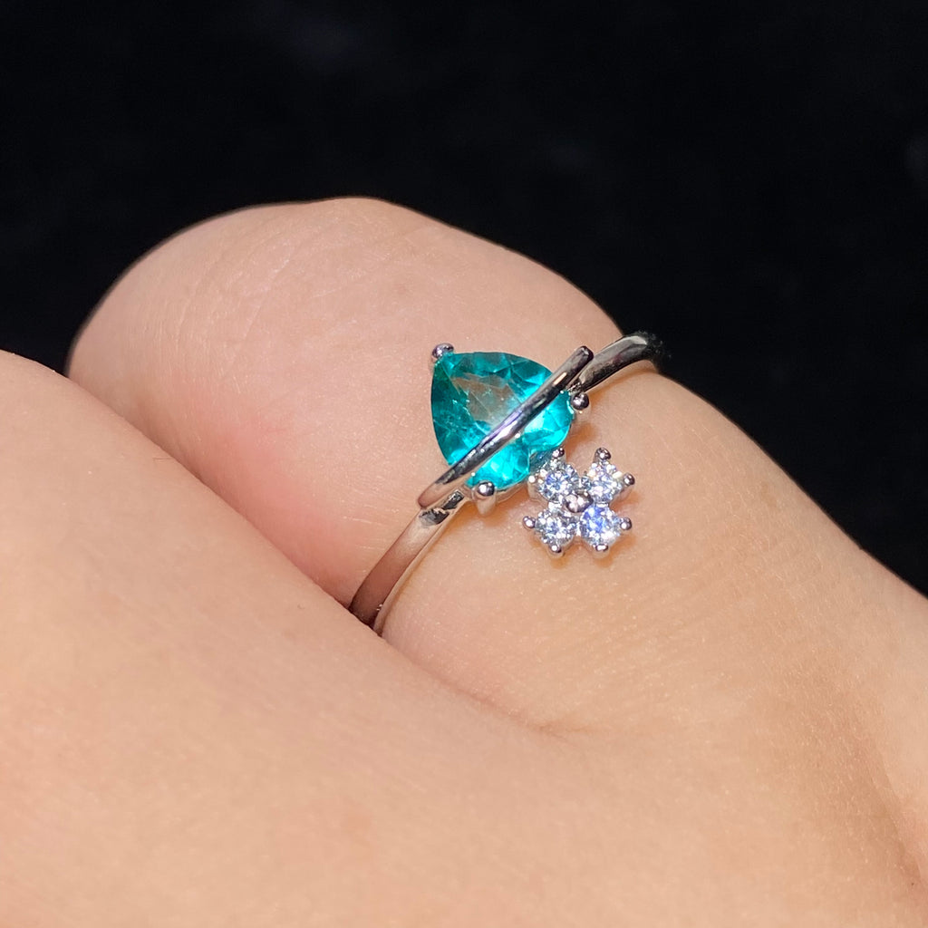 Pear Paraiba Blue Tourmaline Snowflake 925 Sterling Silver Adjustable Open Ring Icy bright teal blue teardrop gem snowflake accent winter dainty stack ring
