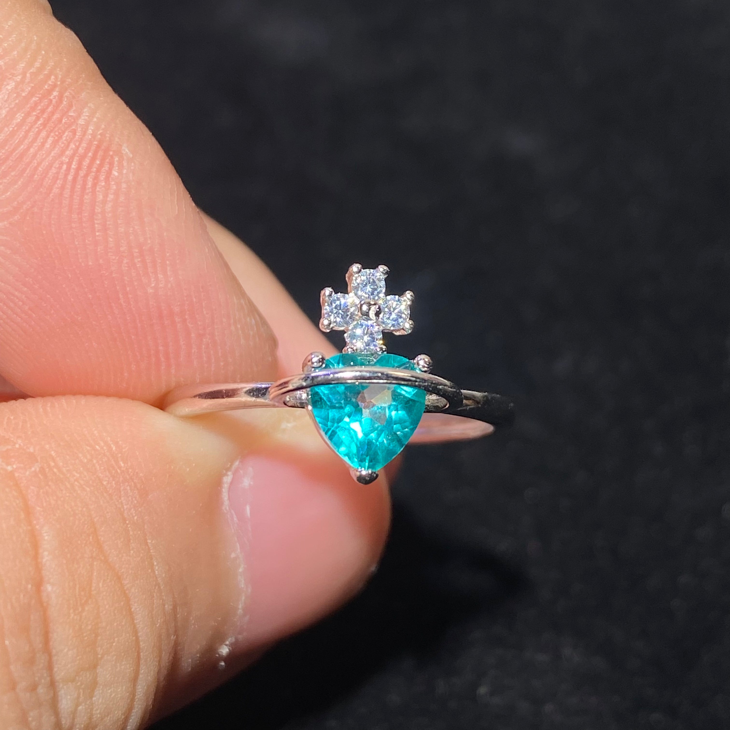 Pear Paraiba Blue Tourmaline Snowflake 925 Sterling Silver Adjustable Open Ring Icy bright teal blue teardrop gem snowflake accent winter dainty stack ring