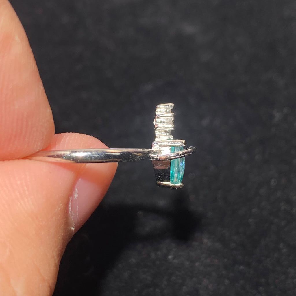 Pear Paraiba Blue Tourmaline Snowflake 925 Sterling Silver Adjustable Open Ring Icy bright teal blue teardrop gem snowflake accent winter dainty stack ring