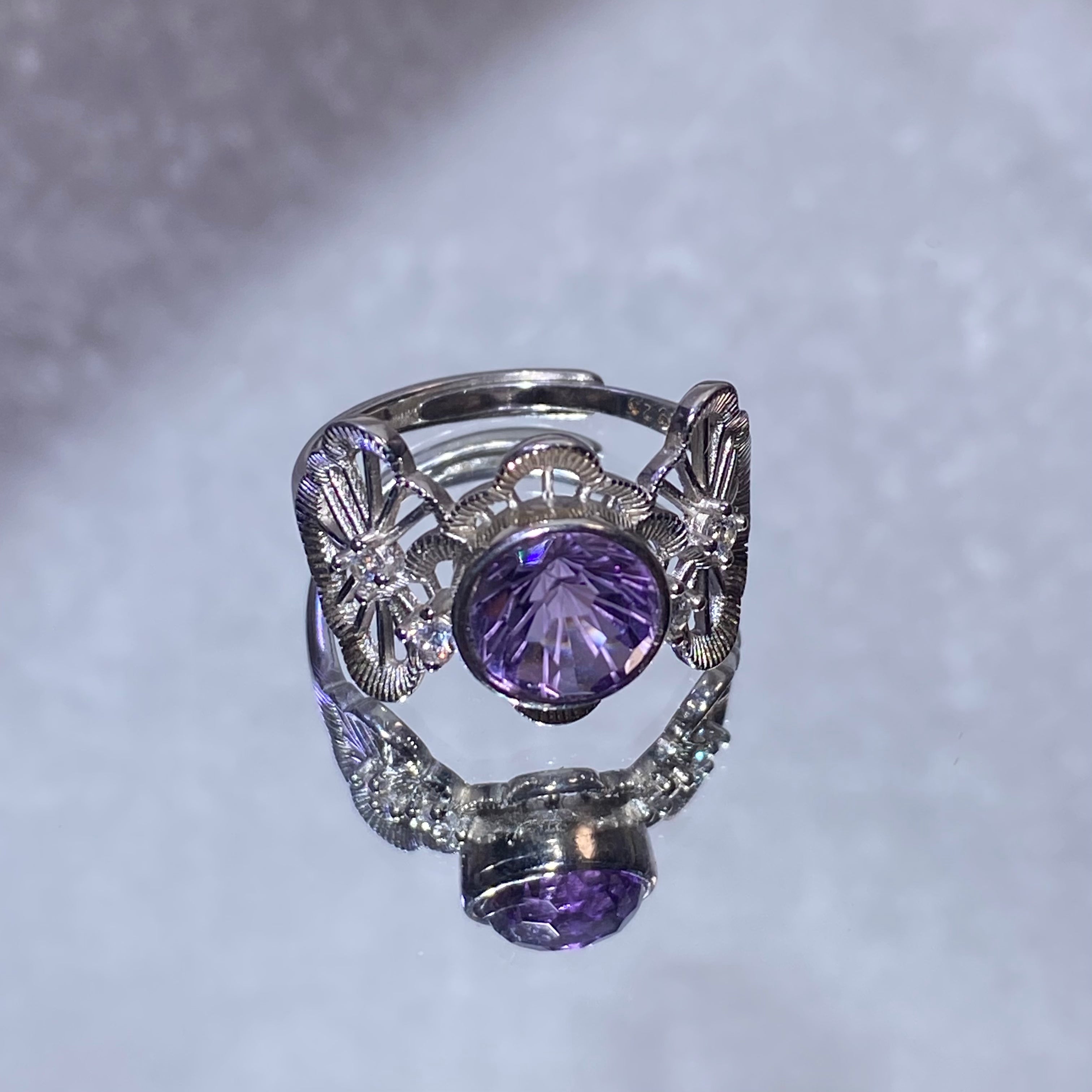 Round Natural Amethyst Butterfly Floral Filigree 925 Silver Vintage Ring Intricate lace filigree butterfly floral frame rich purple February birthstone ring