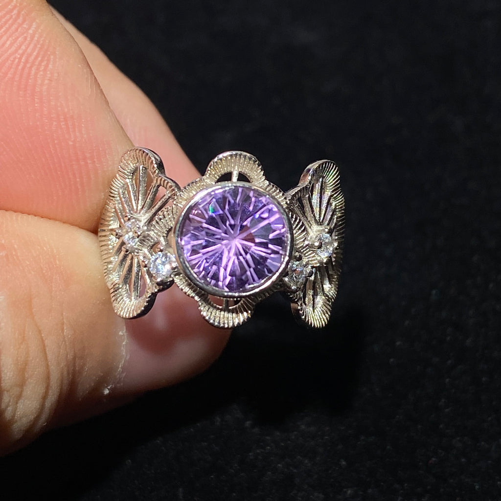 Round Natural Amethyst Butterfly Floral Filigree 925 Silver Vintage Ring Intricate lace filigree butterfly floral frame rich purple February birthstone ring