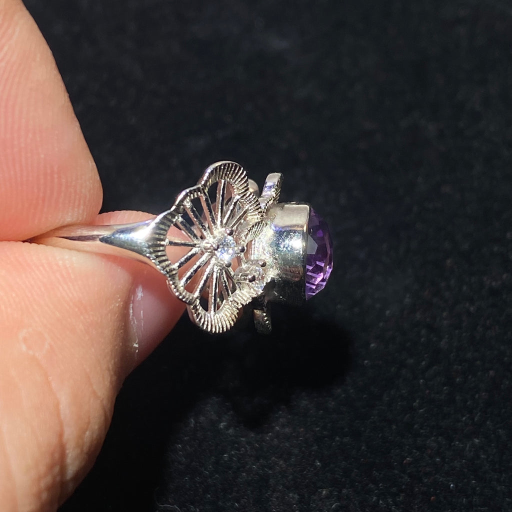 Round Natural Amethyst Butterfly Floral Filigree 925 Silver Vintage Ring Intricate lace filigree butterfly floral frame rich purple February birthstone ring