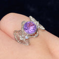 Round Natural Amethyst Butterfly Floral Filigree 925 Silver Vintage Ring Intricate lace filigree butterfly floral frame rich purple February birthstone ring