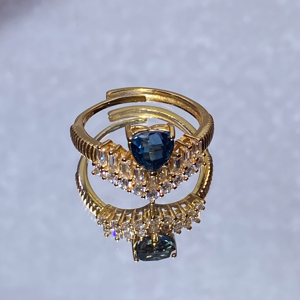 Pear London Blue Topaz Crown Baguette Zircon Gold Plated Adjustable Open Ring Deep ocean blue teardrop gem stepped baguette zircon crown luxury open band ring