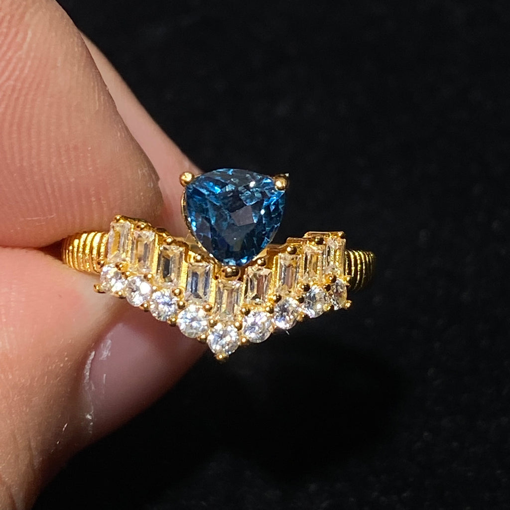Pear London Blue Topaz Crown Baguette Zircon Gold Plated Adjustable Open Ring Deep ocean blue teardrop gem stepped baguette zircon crown luxury open band ring