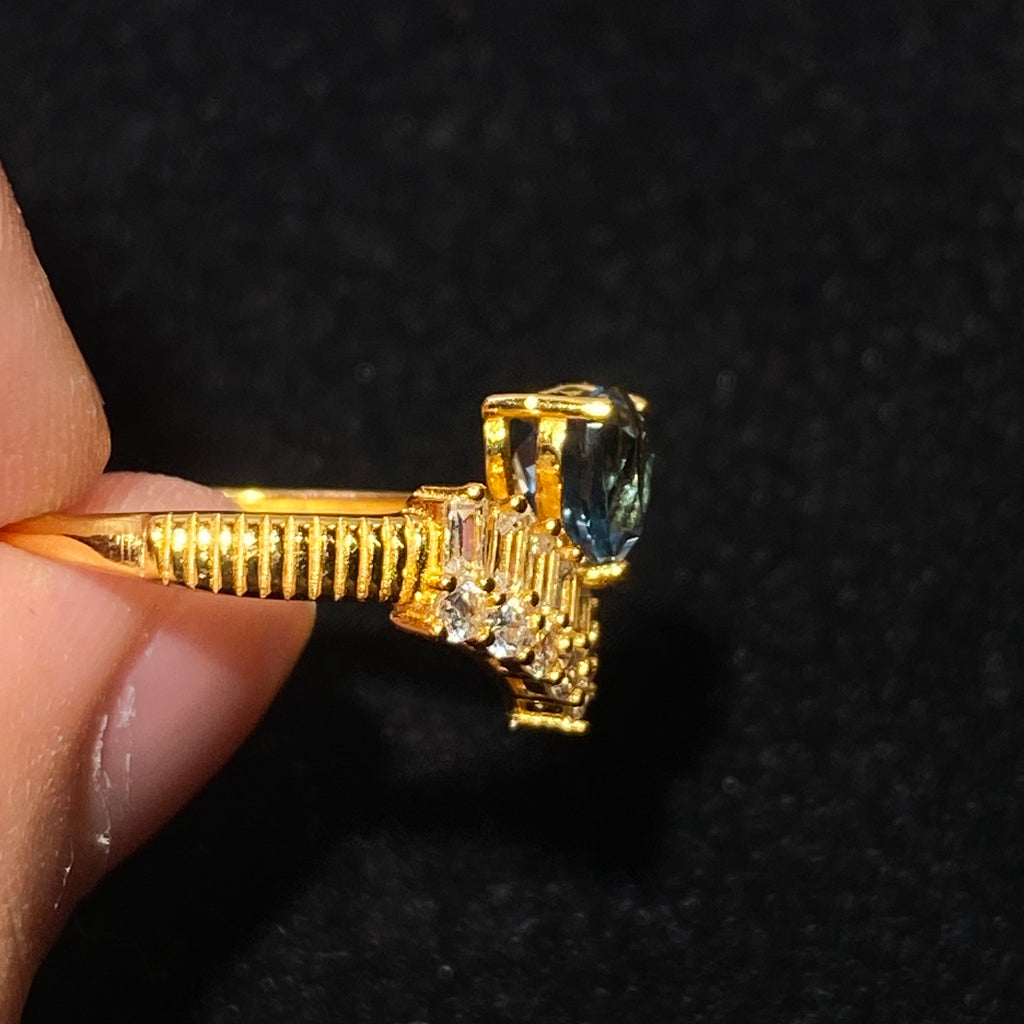 Pear London Blue Topaz Crown Baguette Zircon Gold Plated Adjustable Open Ring Deep ocean blue teardrop gem stepped baguette zircon crown luxury open band ring