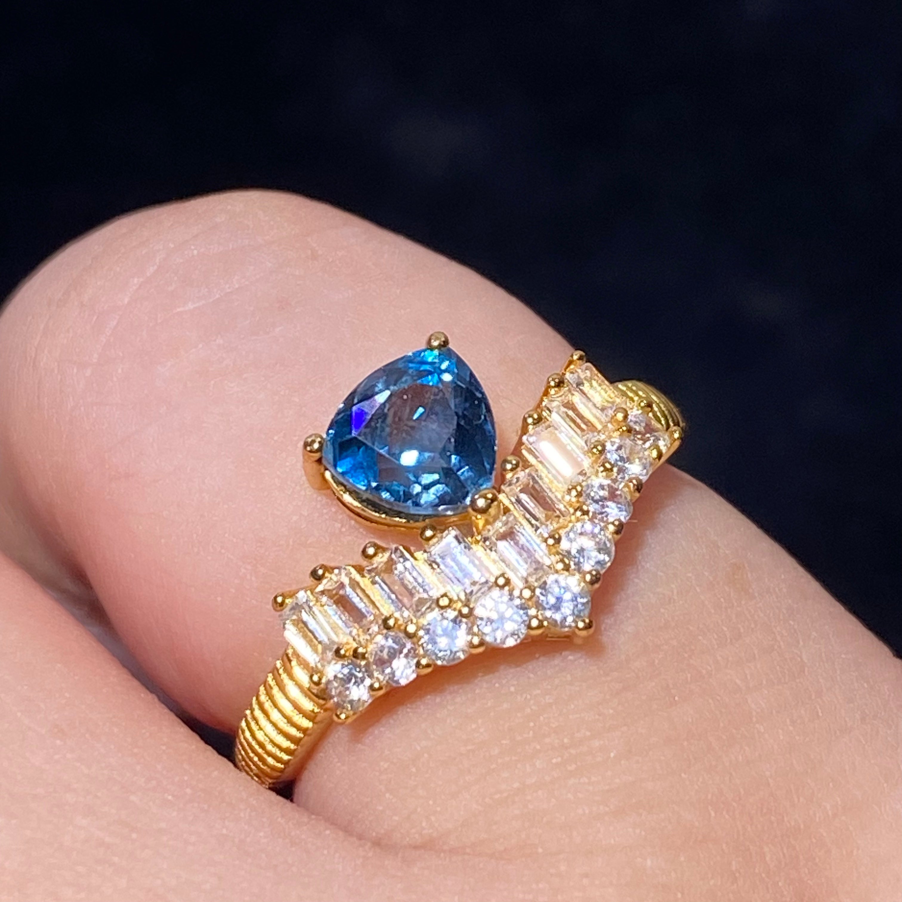 Pear London Blue Topaz Crown Baguette Zircon Gold Plated Adjustable Open Ring Deep ocean blue teardrop gem stepped baguette zircon crown luxury open band ring