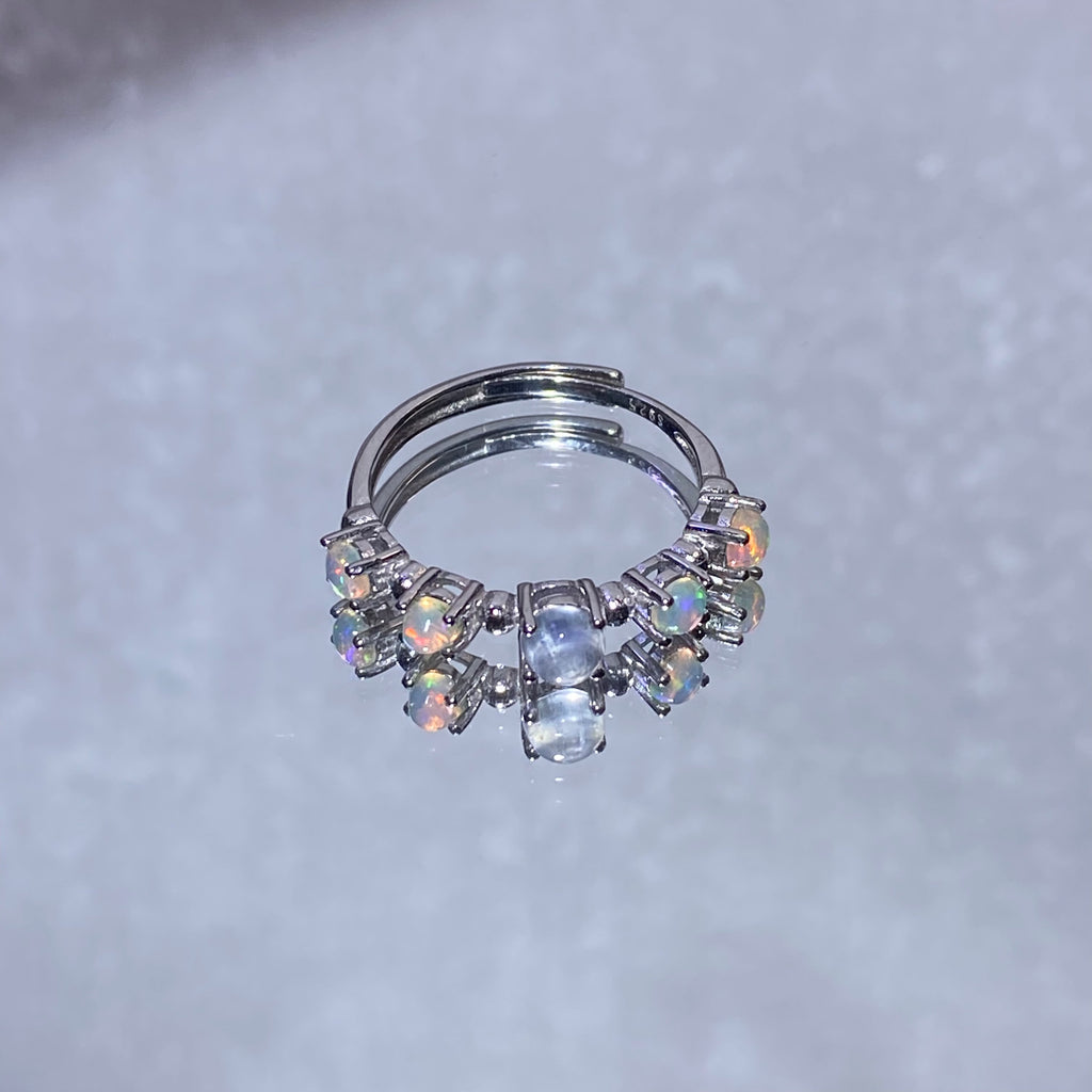 Natural Rainbow Flash Iridescent Opal Graduated Multi-Stone Thin Stack Ring Delicate dainty S925 silver minimalist layering daily promise finger ring