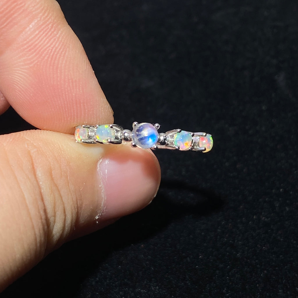 Natural Rainbow Flash Iridescent Opal Graduated Multi-Stone Thin Stack Ring Delicate dainty S925 silver minimalist layering daily promise finger ring