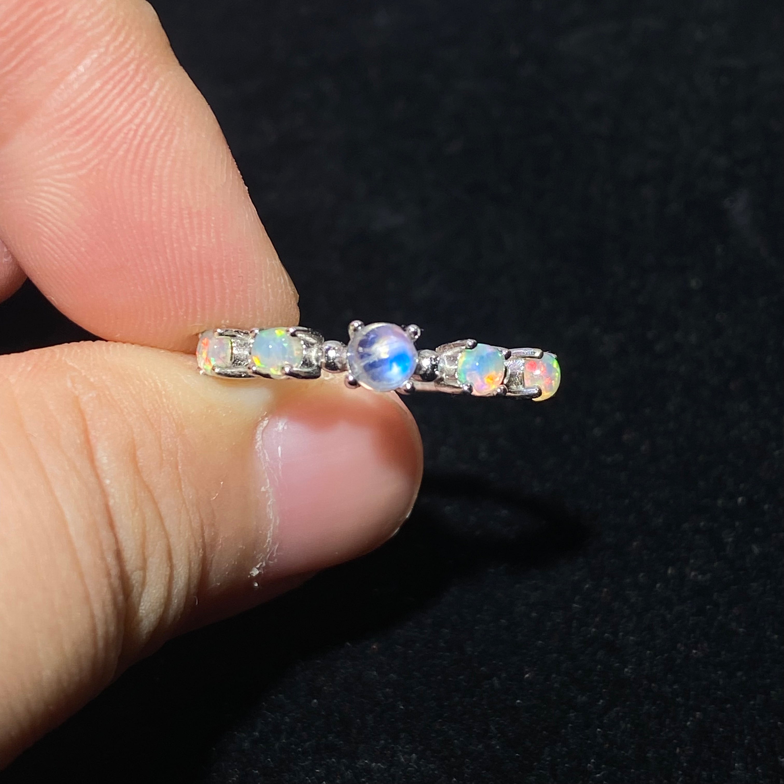 Natural Rainbow Flash Iridescent Opal Graduated Multi-Stone Thin Stack Ring Delicate dainty S925 silver minimalist layering daily promise finger ring