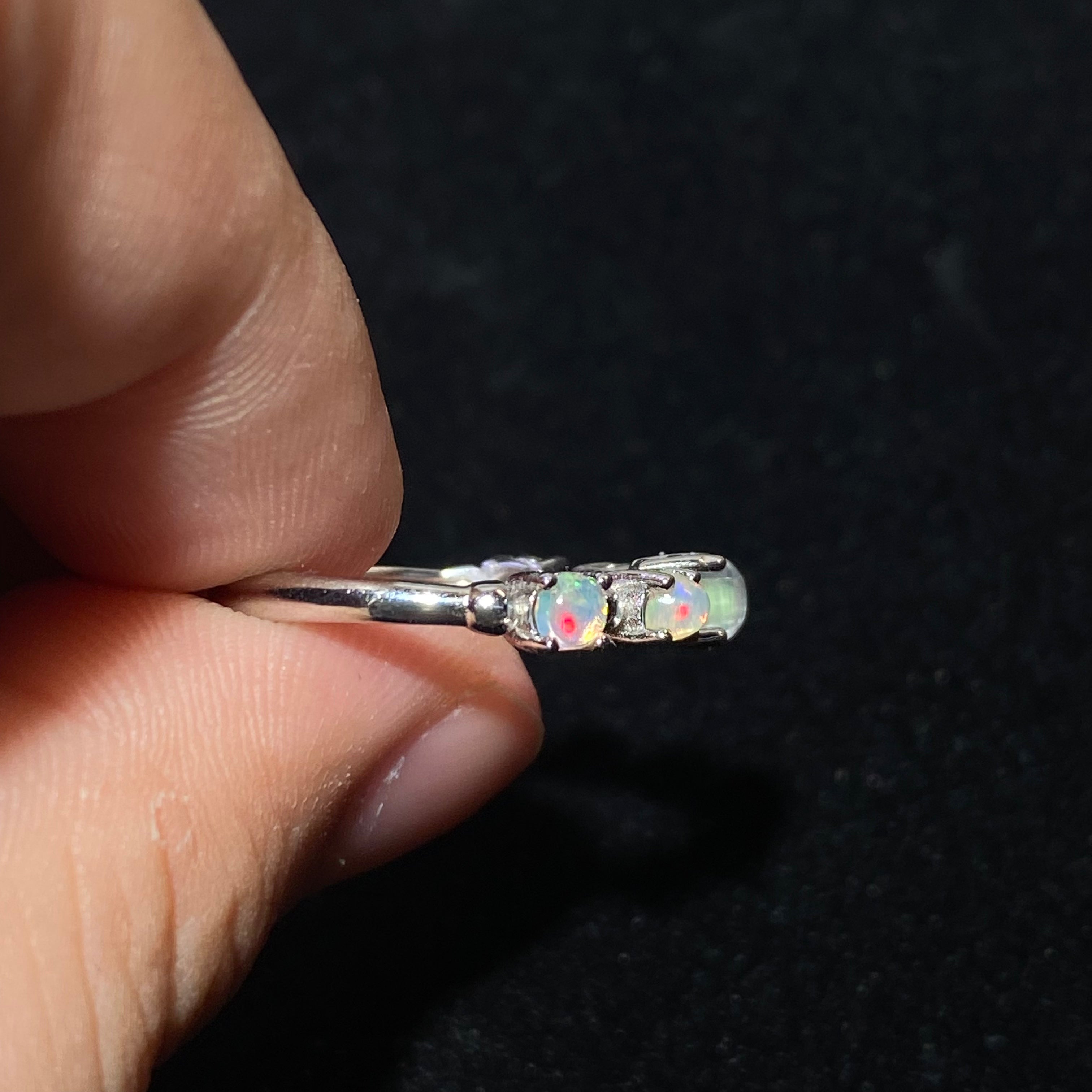 Natural Rainbow Flash Iridescent Opal Graduated Multi-Stone Thin Stack Ring Delicate dainty S925 silver minimalist layering daily promise finger ring