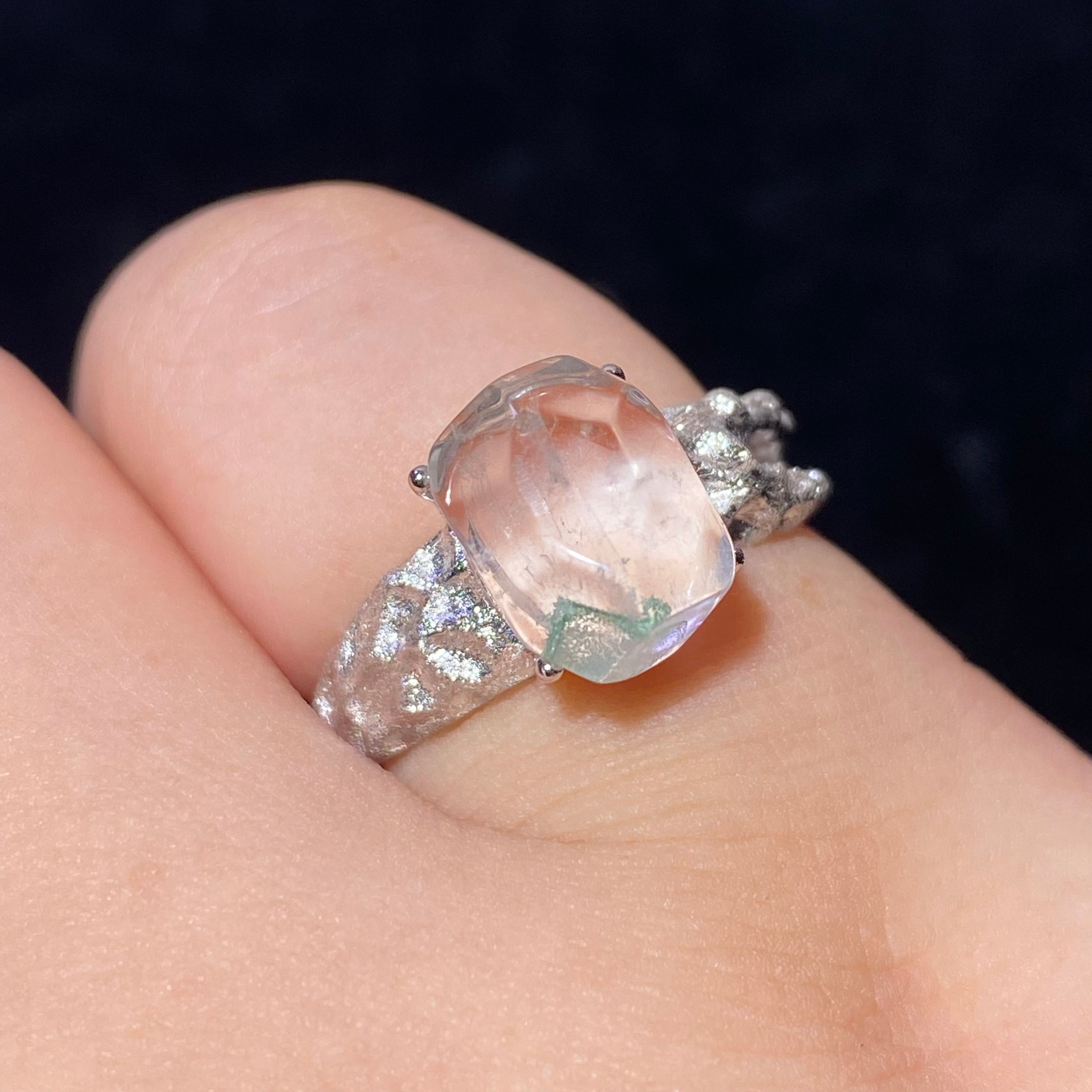 Natural Green Phantom Ghost Quartz Raw Thorn Twig Adjustable Open Ring Transparent rough green inclusion phantom crystal wild thorn spiritual healing finger ring