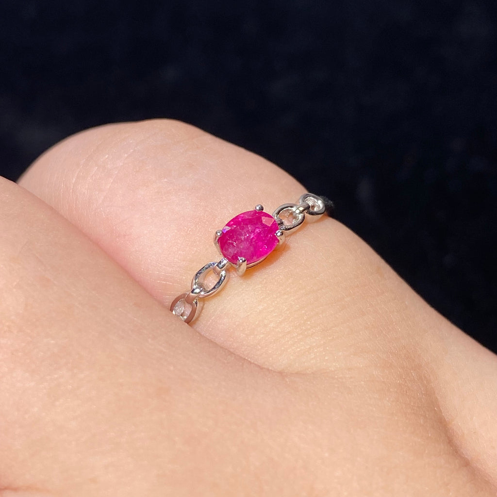 Square Natural Ruby Link Chain Adjustable Open Thin Stack Ring Delicate hollow link band vivid red square ruby minimalist daily promise finger ring