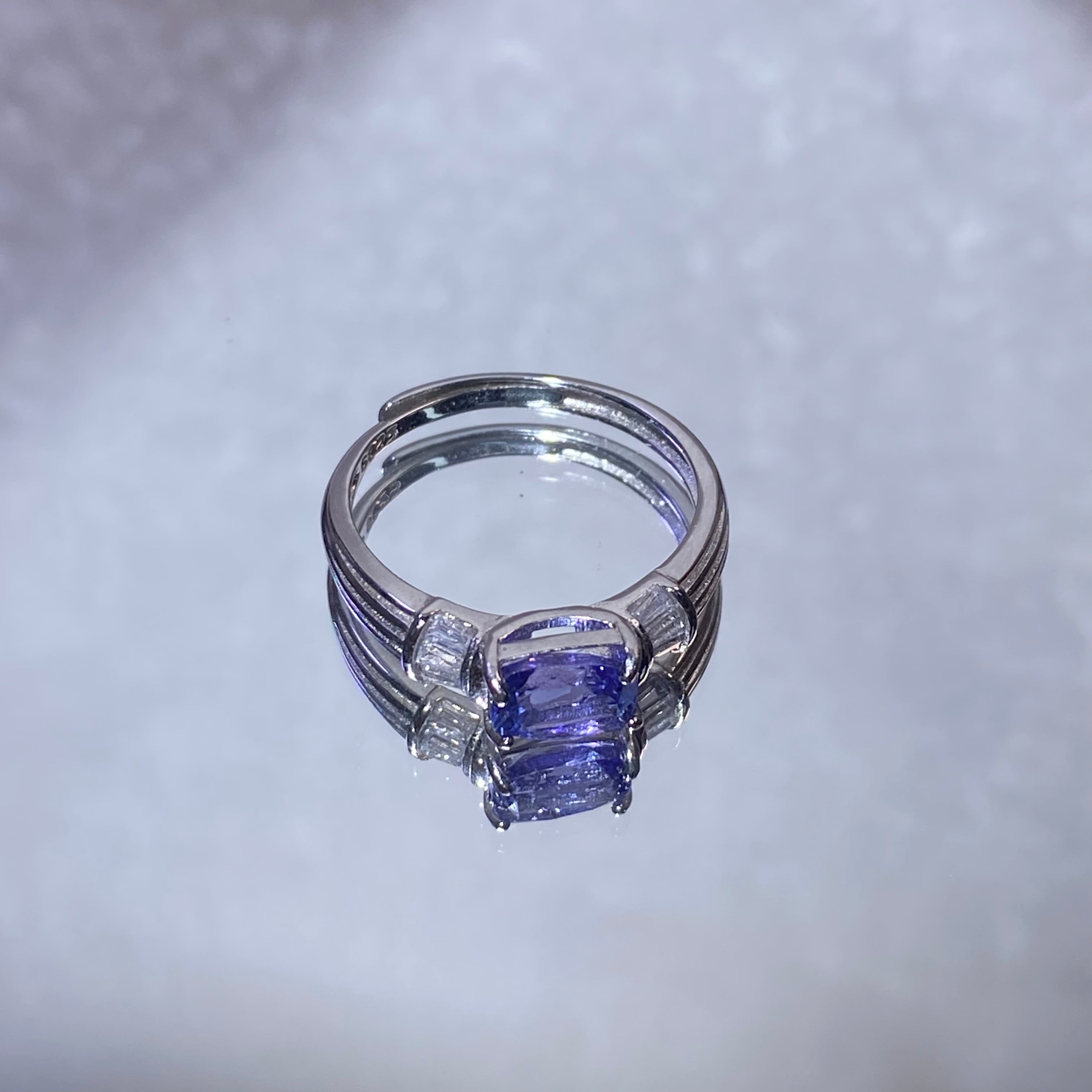 Rectangular Natural Violet-Blue Tanzanite Three-Stone Vintage Vertical Texture Wide Band Ring Elegant cool blue purple tanzanite minimalist luxury formal daily finger ring