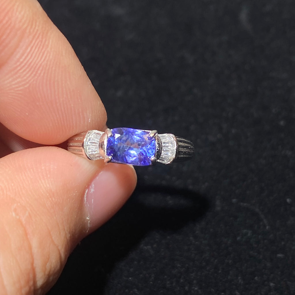Rectangular Natural Violet-Blue Tanzanite Three-Stone Vintage Vertical Texture Wide Band Ring Elegant cool blue purple tanzanite minimalist luxury formal daily finger ring