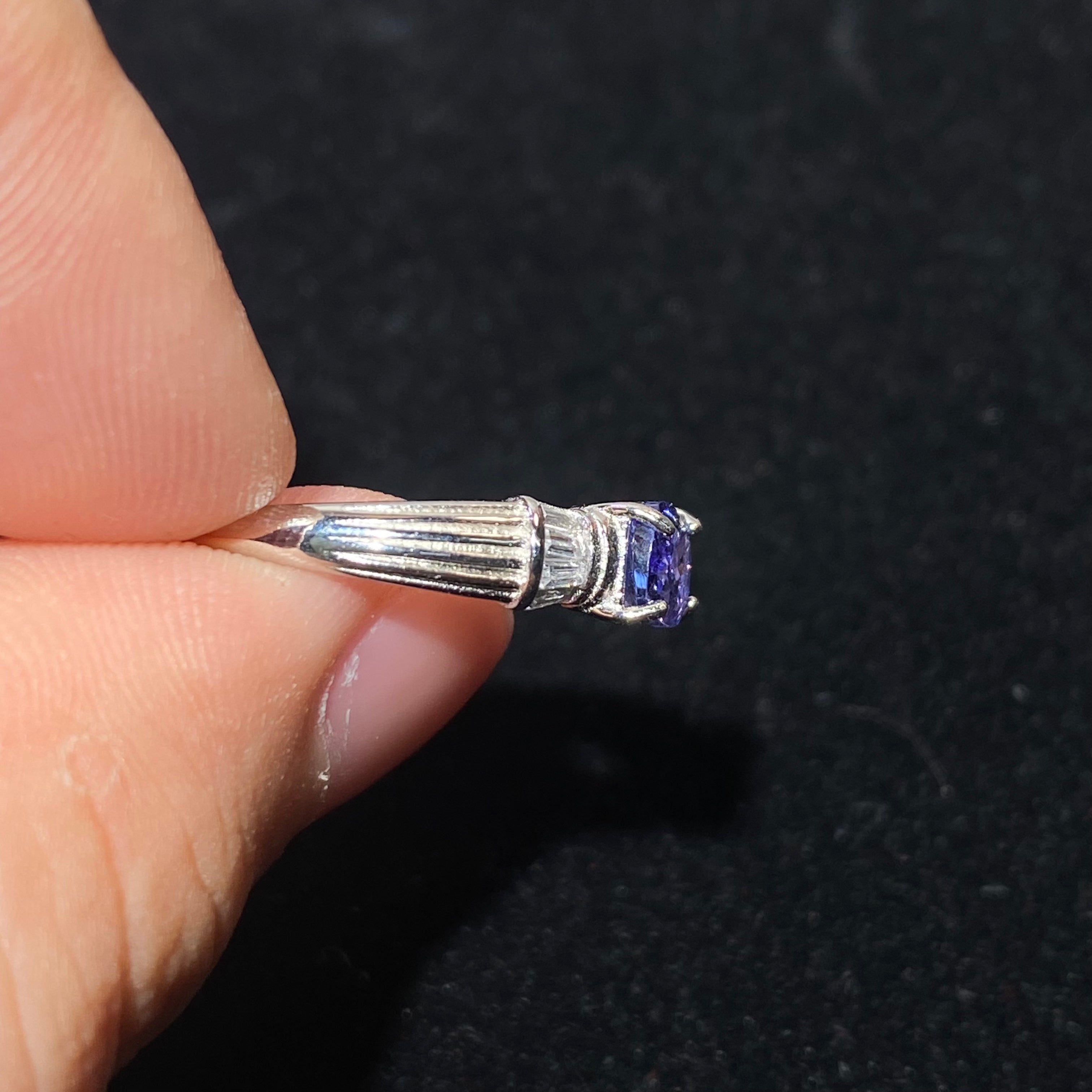 Rectangular Natural Violet-Blue Tanzanite Three-Stone Vintage Vertical Texture Wide Band Ring Elegant cool blue purple tanzanite minimalist luxury formal daily finger ring