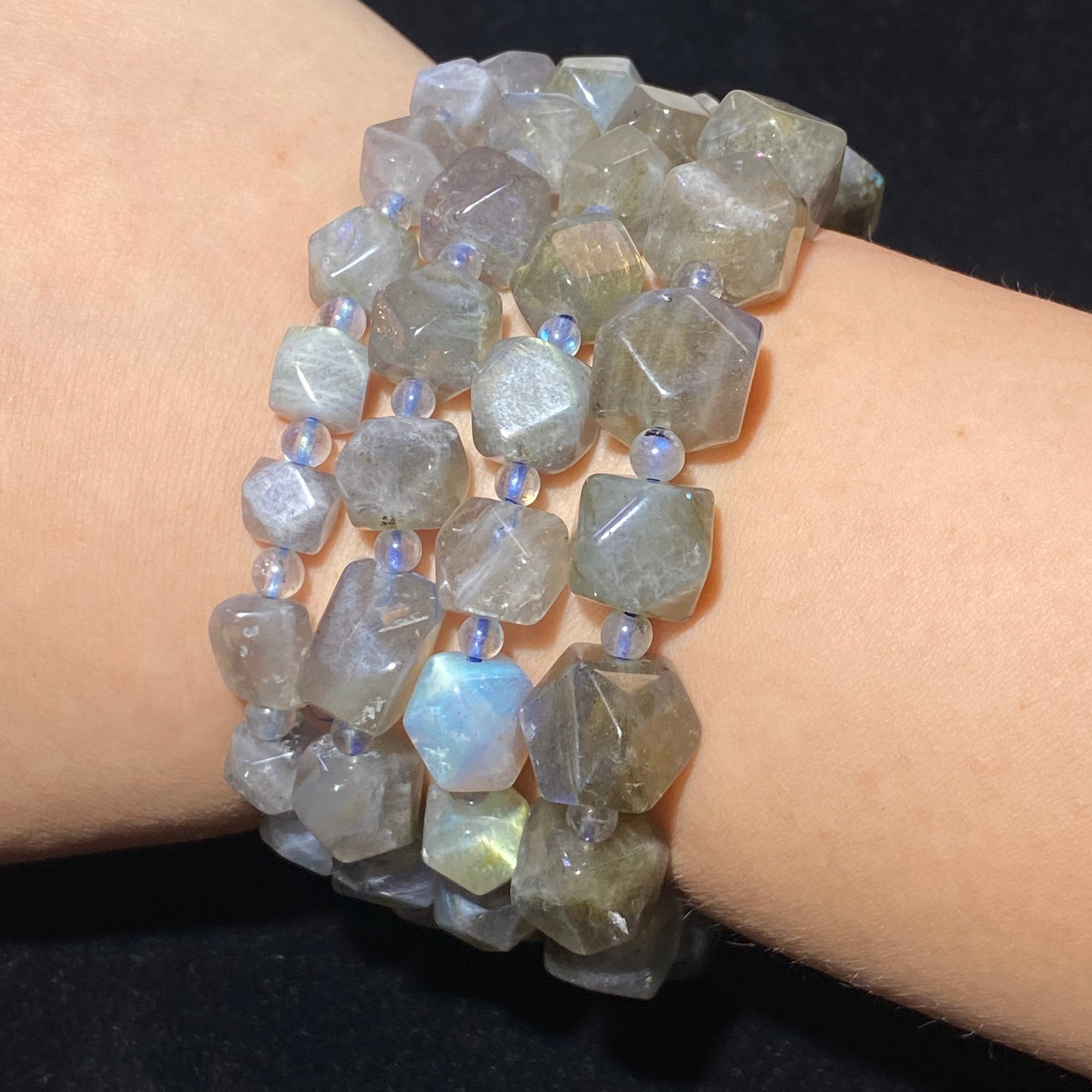 Natural Flash Labradorite Irregular Faceted Stretch Bracelet Raw cut labradorite beads with stunning blue-silver adularescence flash