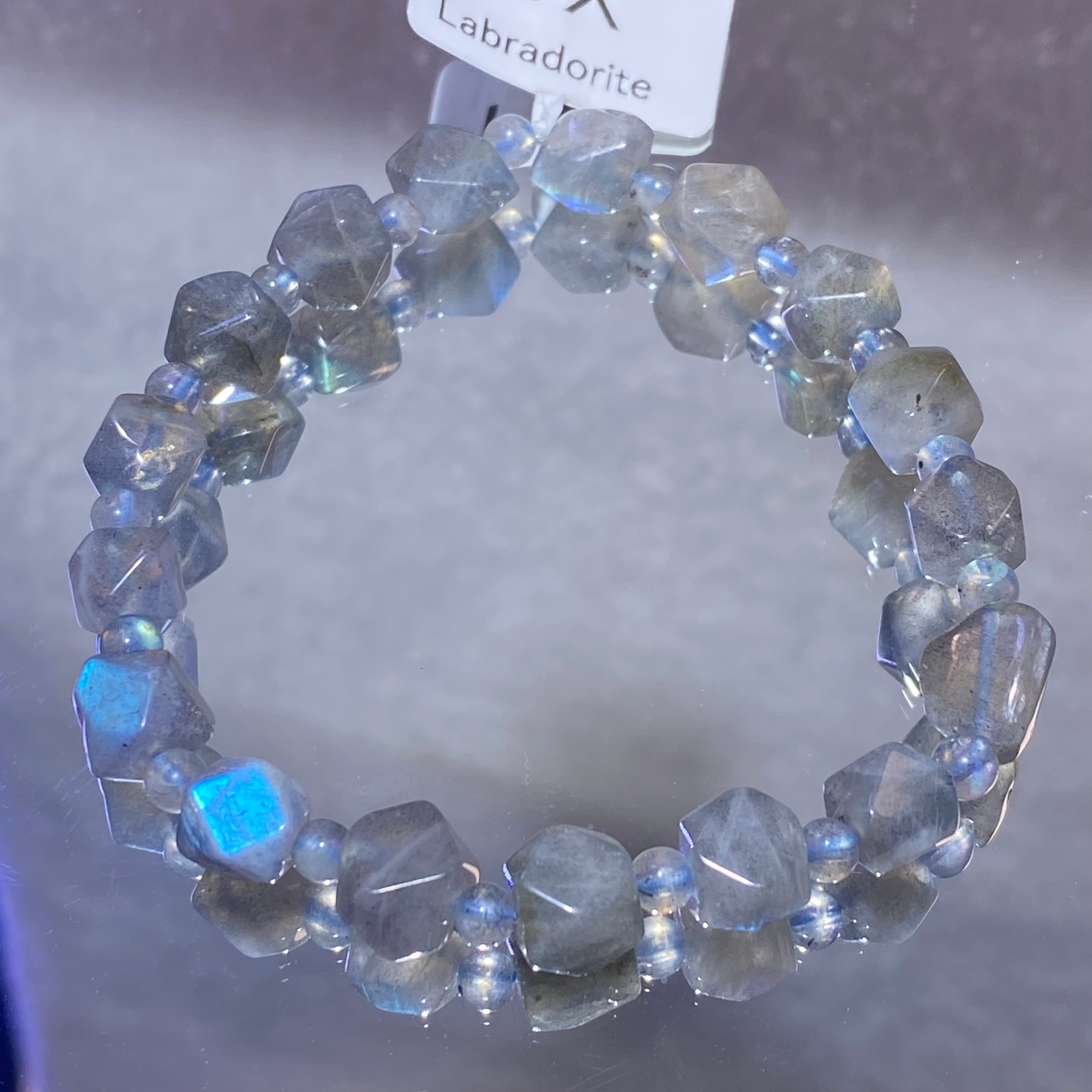 Natural Flash Labradorite Irregular Faceted Stretch Bracelet Raw cut labradorite beads with stunning blue-silver adularescence flash