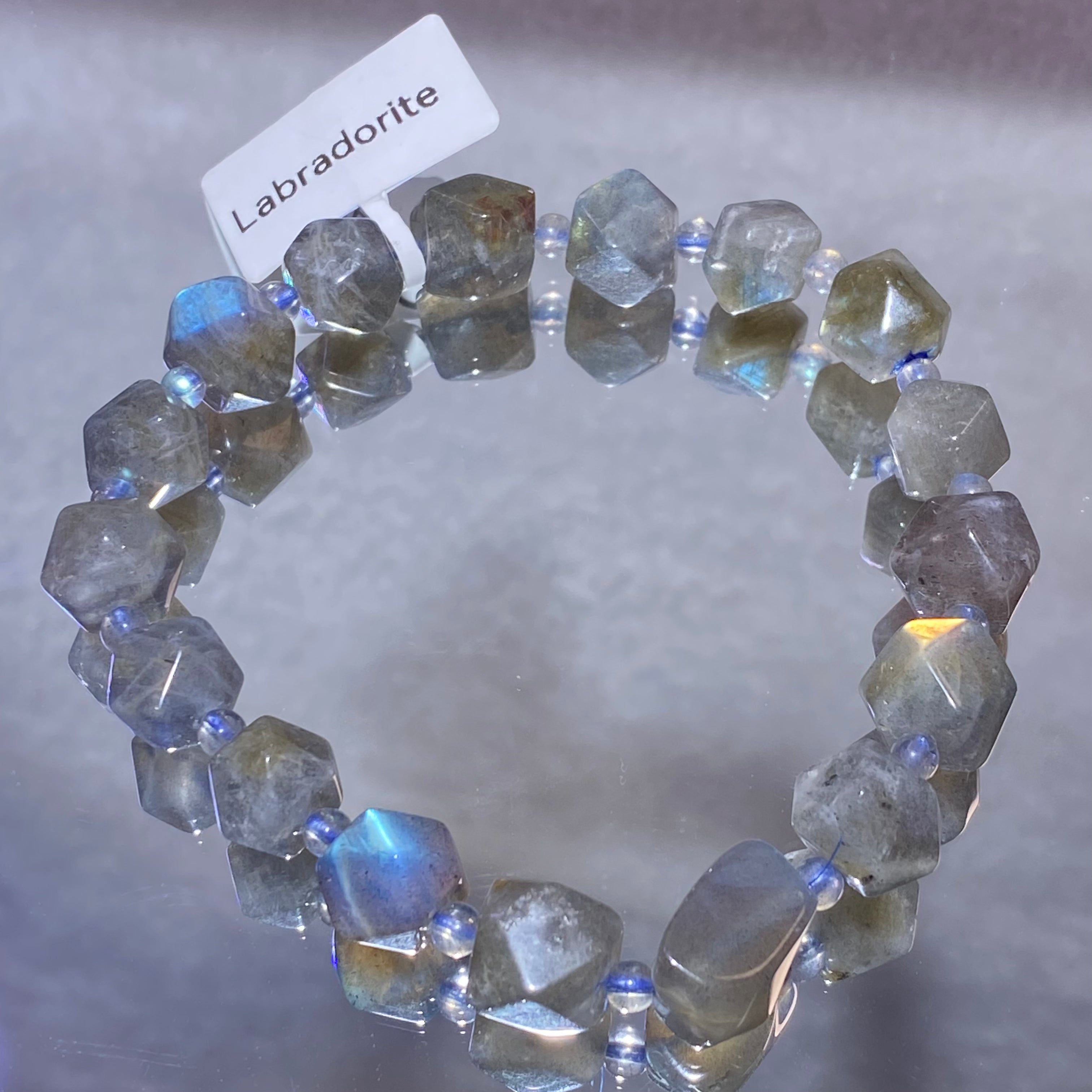 Natural Flash Labradorite Irregular Faceted Stretch Bracelet Raw cut labradorite beads with stunning blue-silver adularescence flash