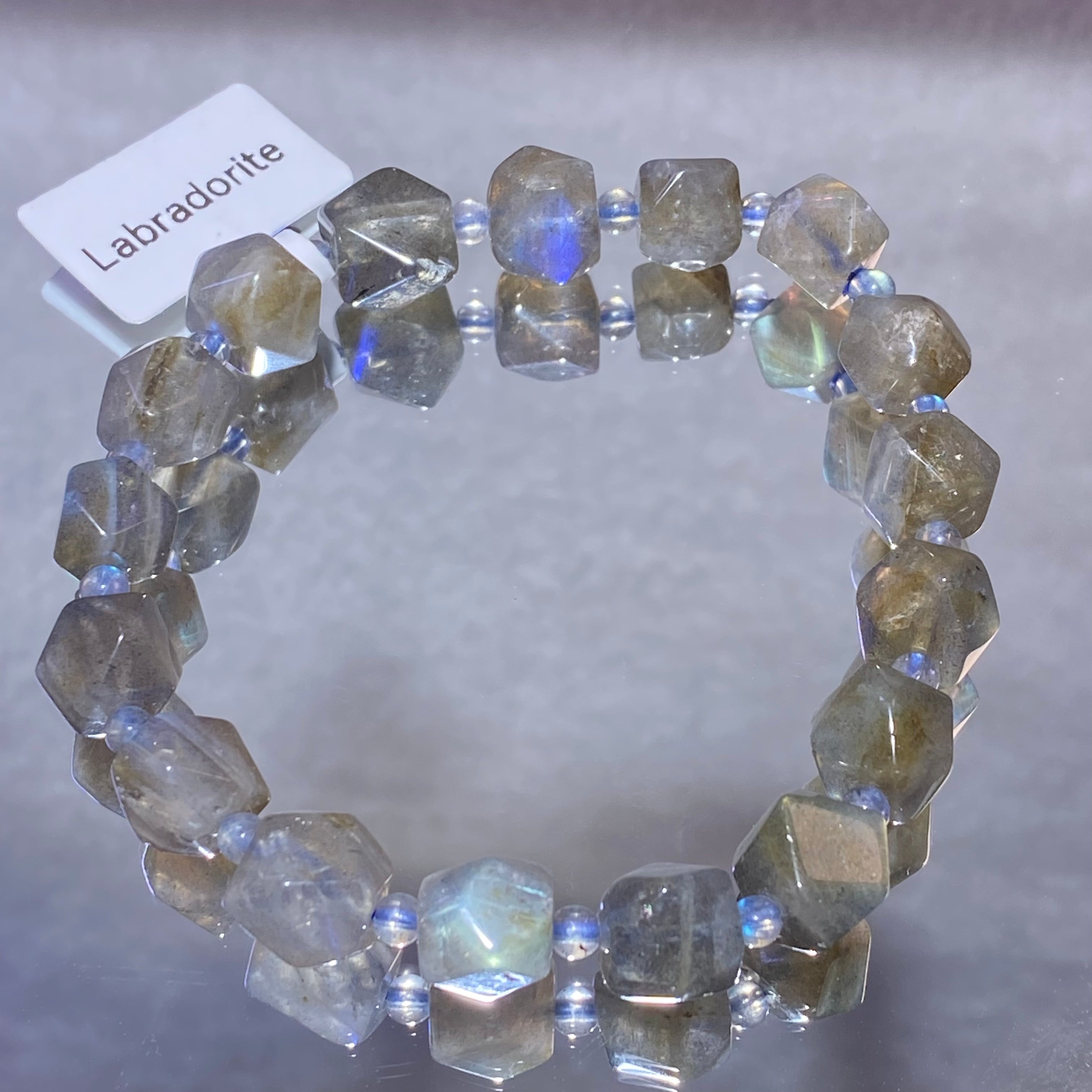 Natural Flash Labradorite Irregular Faceted Stretch Bracelet Raw cut labradorite beads with stunning blue-silver adularescence flash