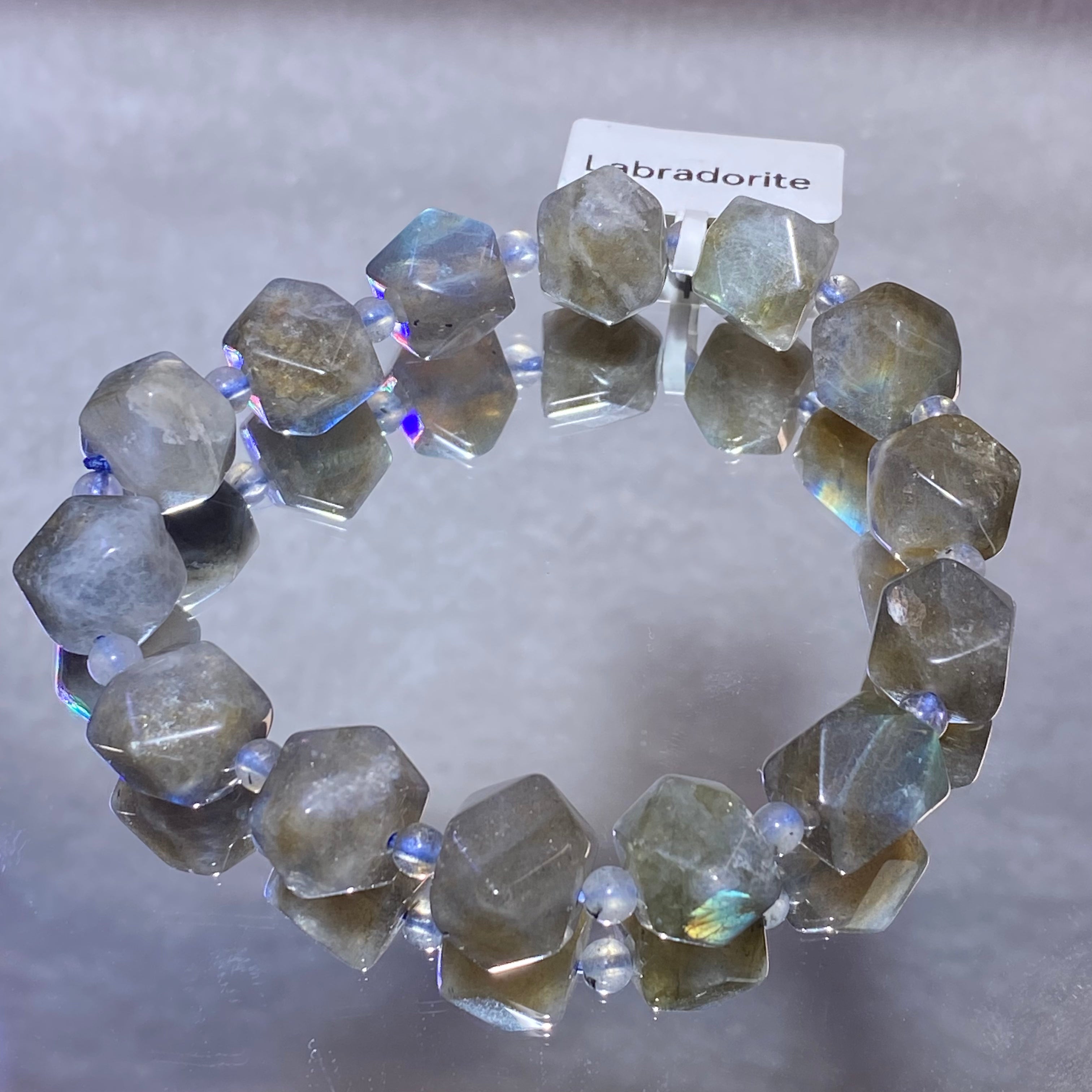 Natural Flash Labradorite Irregular Faceted Stretch Bracelet Raw cut labradorite beads with stunning blue-silver adularescence flash