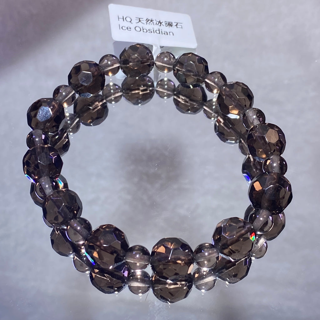9mm+Natural Faceted Ice Obsidian Stretch Bead Bracelet Transparent smoky ice obsidian powerful protection crystal bracelet
