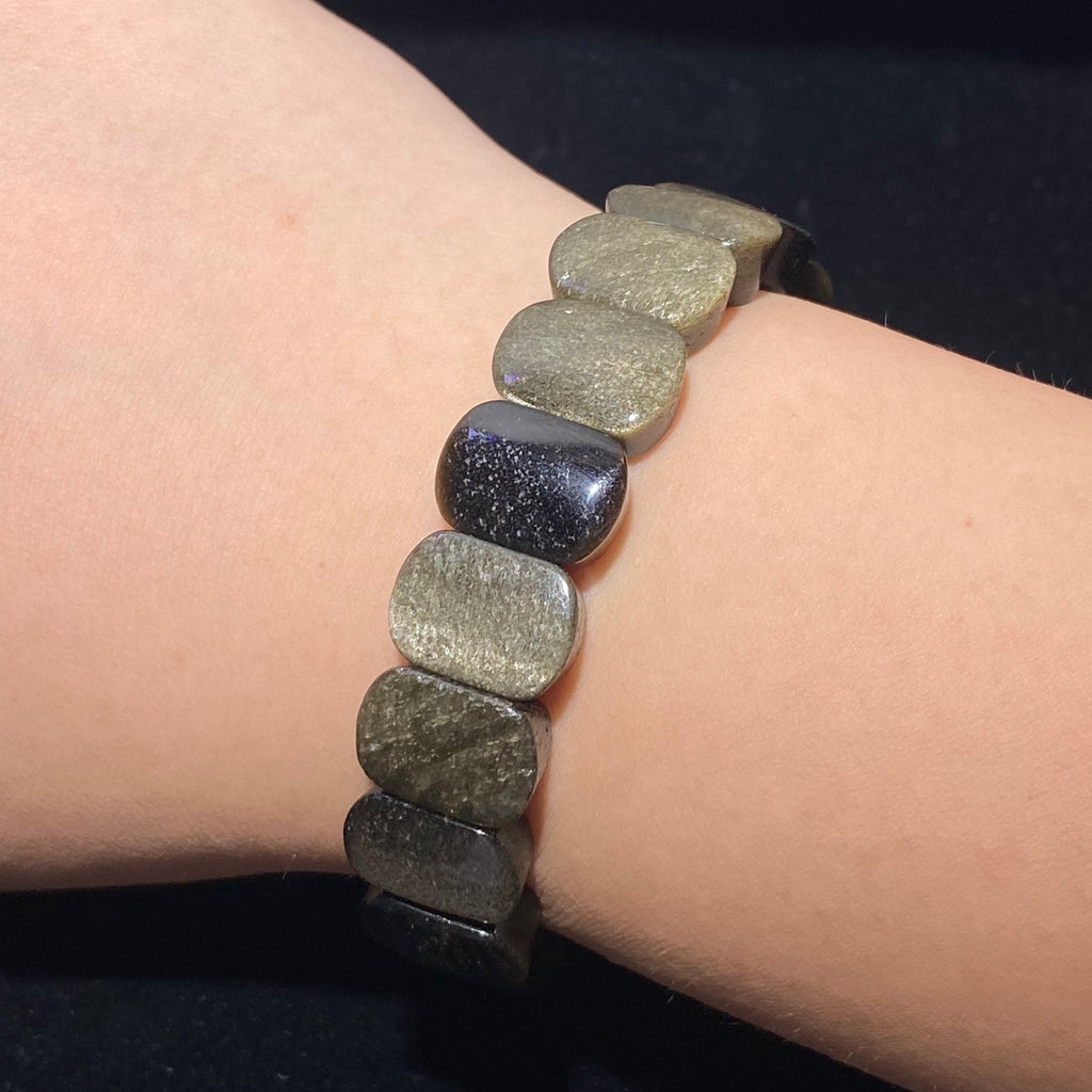 15mm+Natural Golden Sheen Obsidian Flat Rectangle Stretch Bracelet Glitter gold flash obsidian powerful protection & wealth crystal bangle