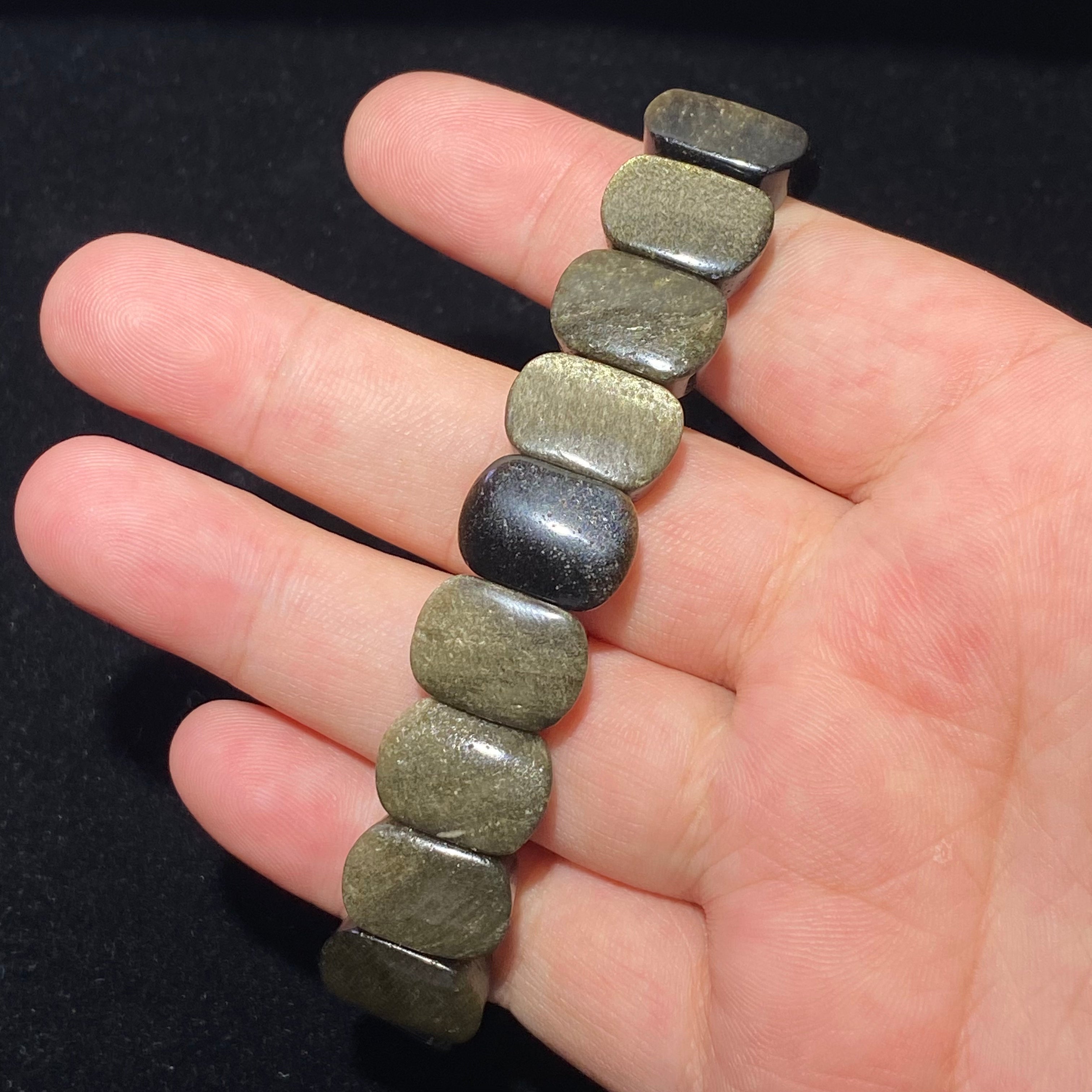 15mm+Natural Golden Sheen Obsidian Flat Rectangle Stretch Bracelet Glitter gold flash obsidian powerful protection & wealth crystal bangle