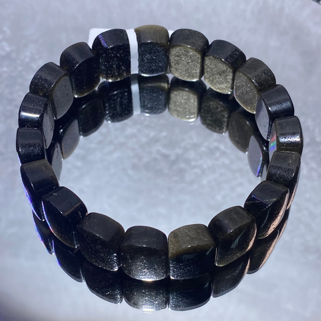 15mm+Natural Golden Sheen Obsidian Flat Rectangle Stretch Bracelet Glitter gold flash obsidian powerful protection & wealth crystal bangle