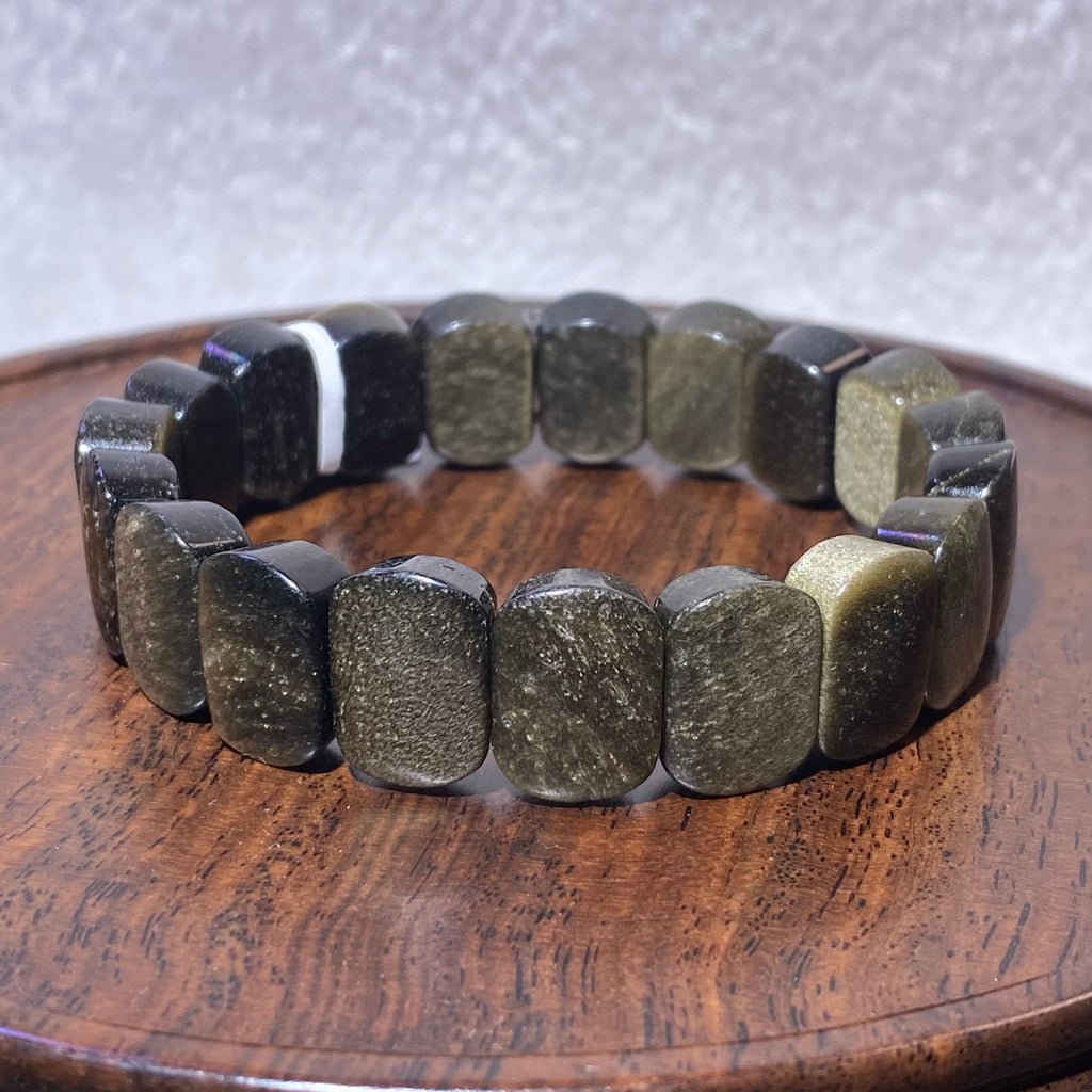 15mm+Natural Golden Sheen Obsidian Flat Rectangle Stretch Bracelet Glitter gold flash obsidian powerful protection & wealth crystal bangle