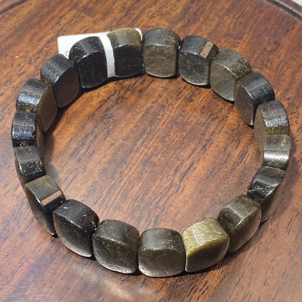 15mm+Natural Golden Sheen Obsidian Flat Rectangle Stretch Bracelet Glitter gold flash obsidian powerful protection & wealth crystal bangle
