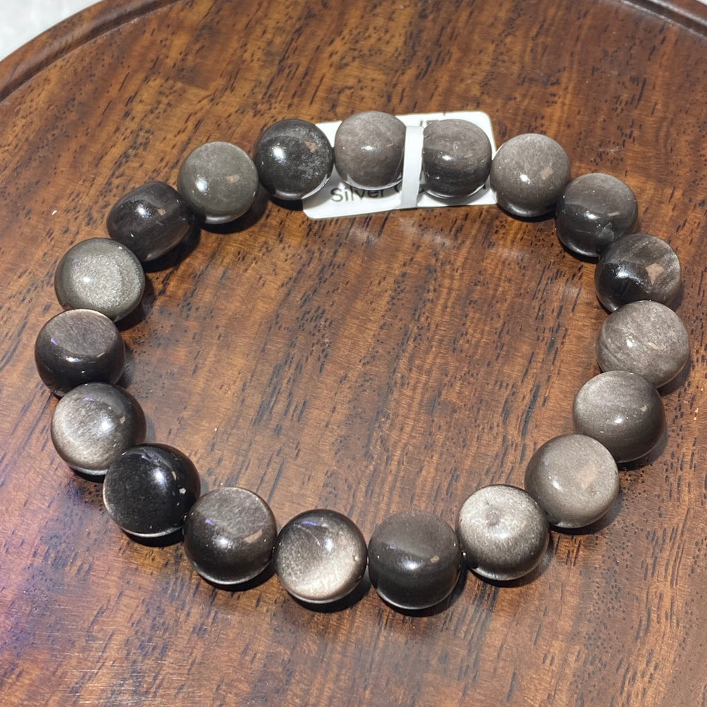 10mm+Natural Silver Sheen Obsidian Round Bead Stretch Bracelet Deep black obsidian with shimmer silver flash protection crystal bracelet