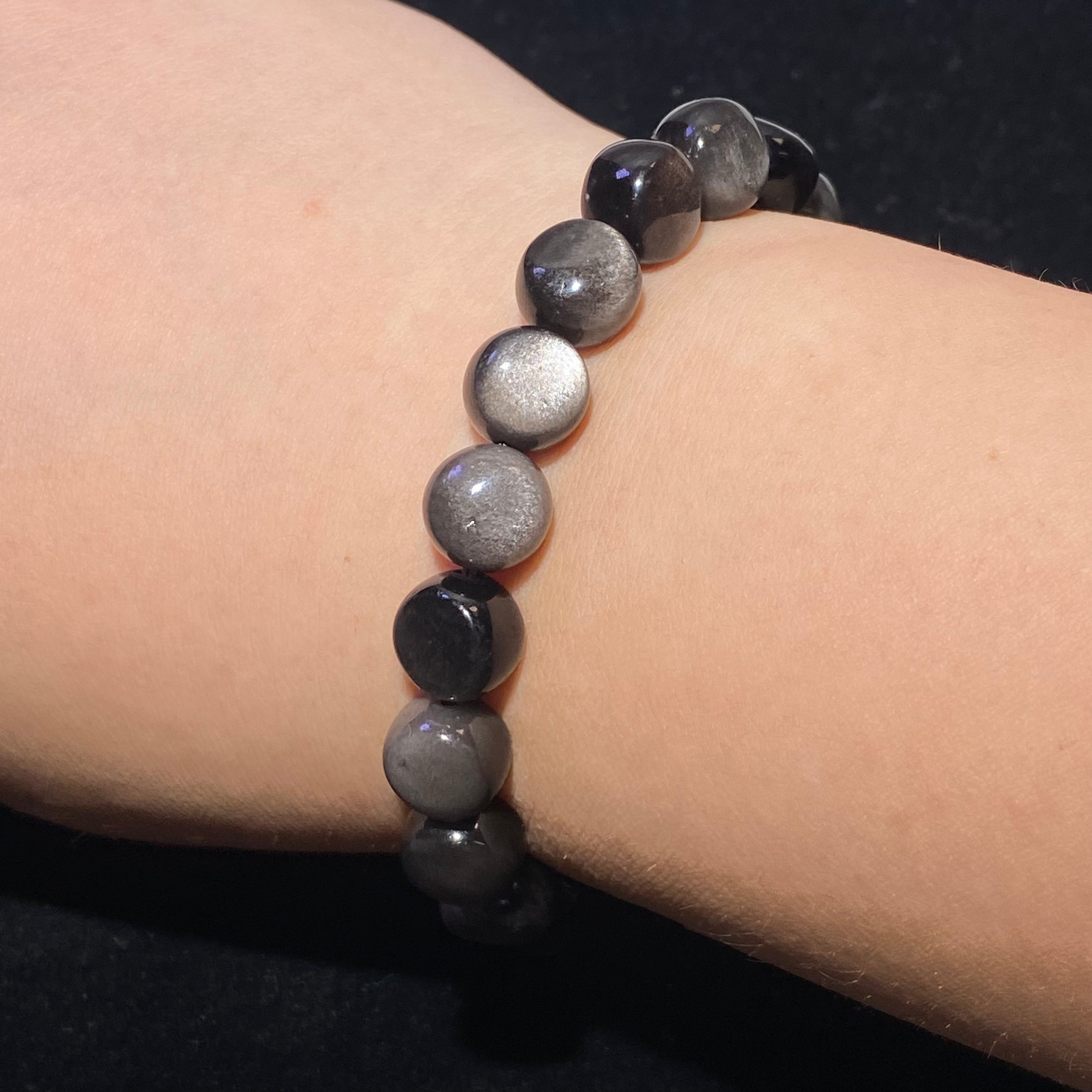 10mm+Natural Silver Sheen Obsidian Round Bead Stretch Bracelet Deep black obsidian with shimmer silver flash protection crystal bracelet