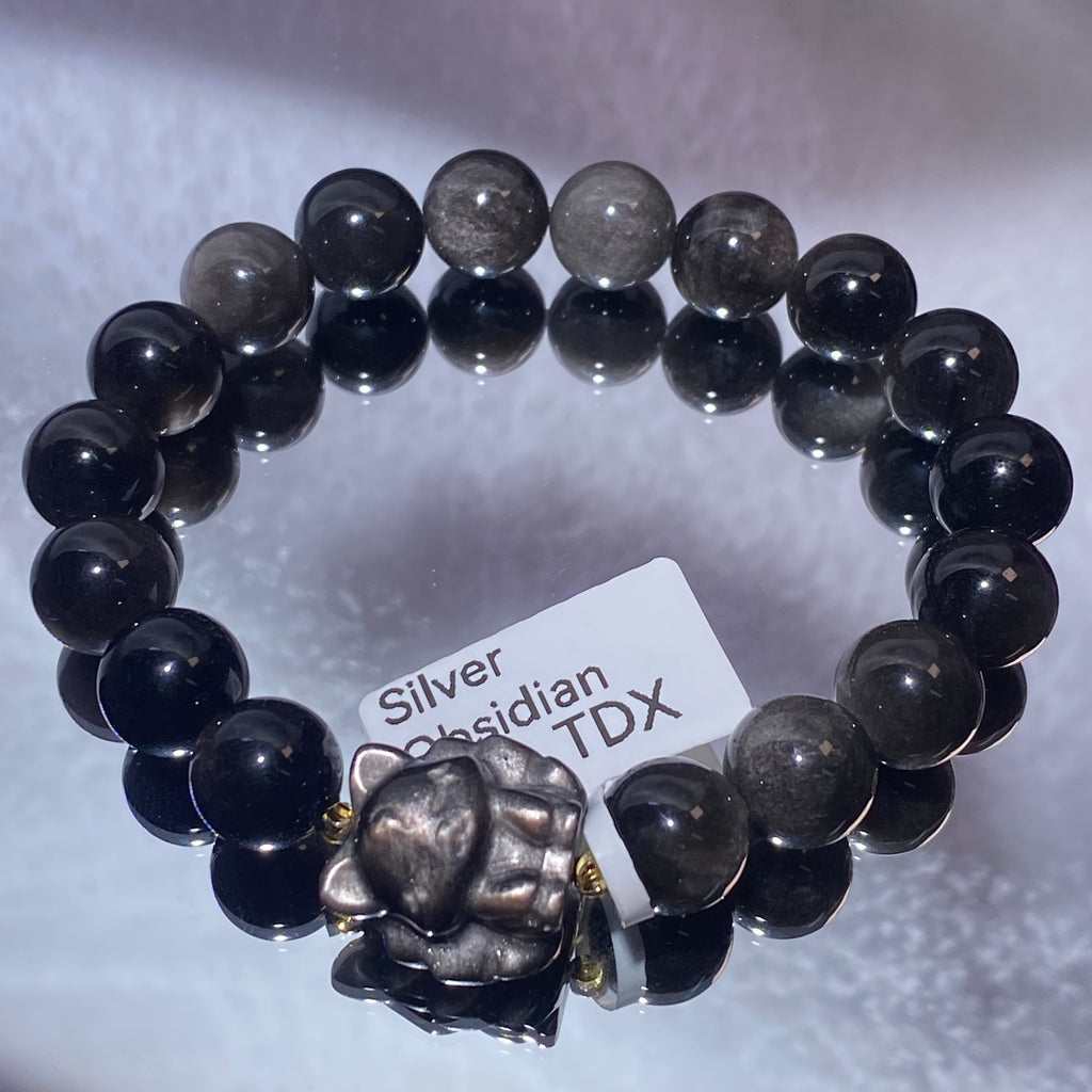 10.4mm+Natural Silver Sheen Obsidian Nine-Tailed Fox Stretch Bracelet Charming nine-tailed fox silver flash obsidian love & aura protection crystal bracelet