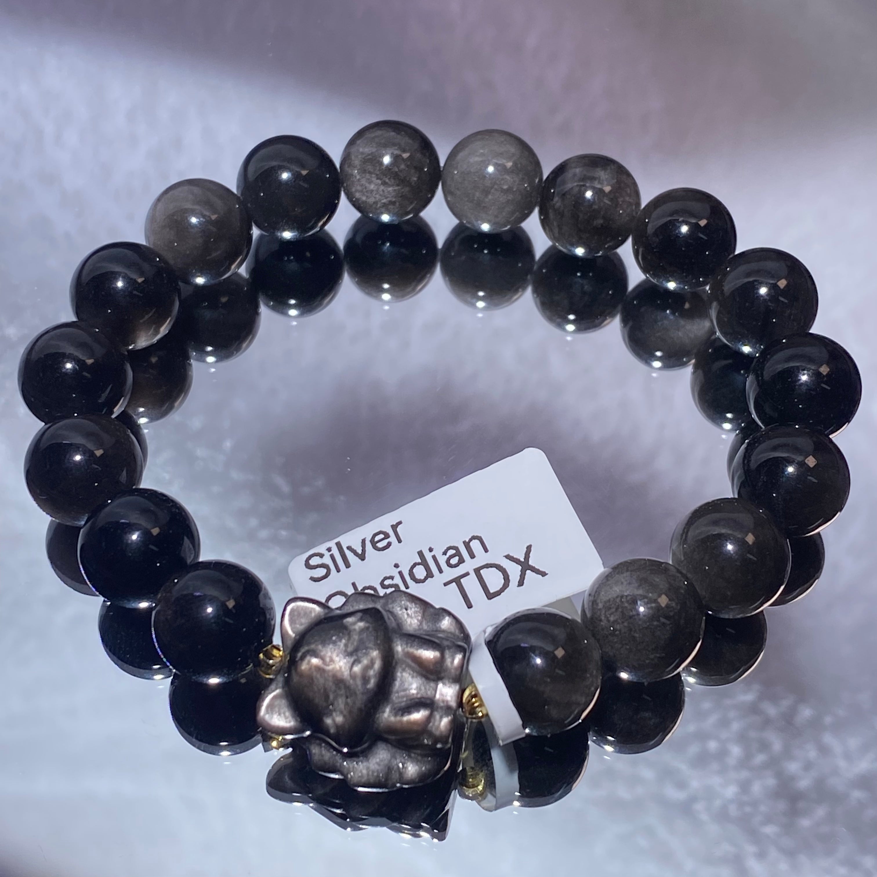 10.4mm+Natural Silver Sheen Obsidian Nine-Tailed Fox Stretch Bracelet Charming nine-tailed fox silver flash obsidian love & aura protection crystal bracelet