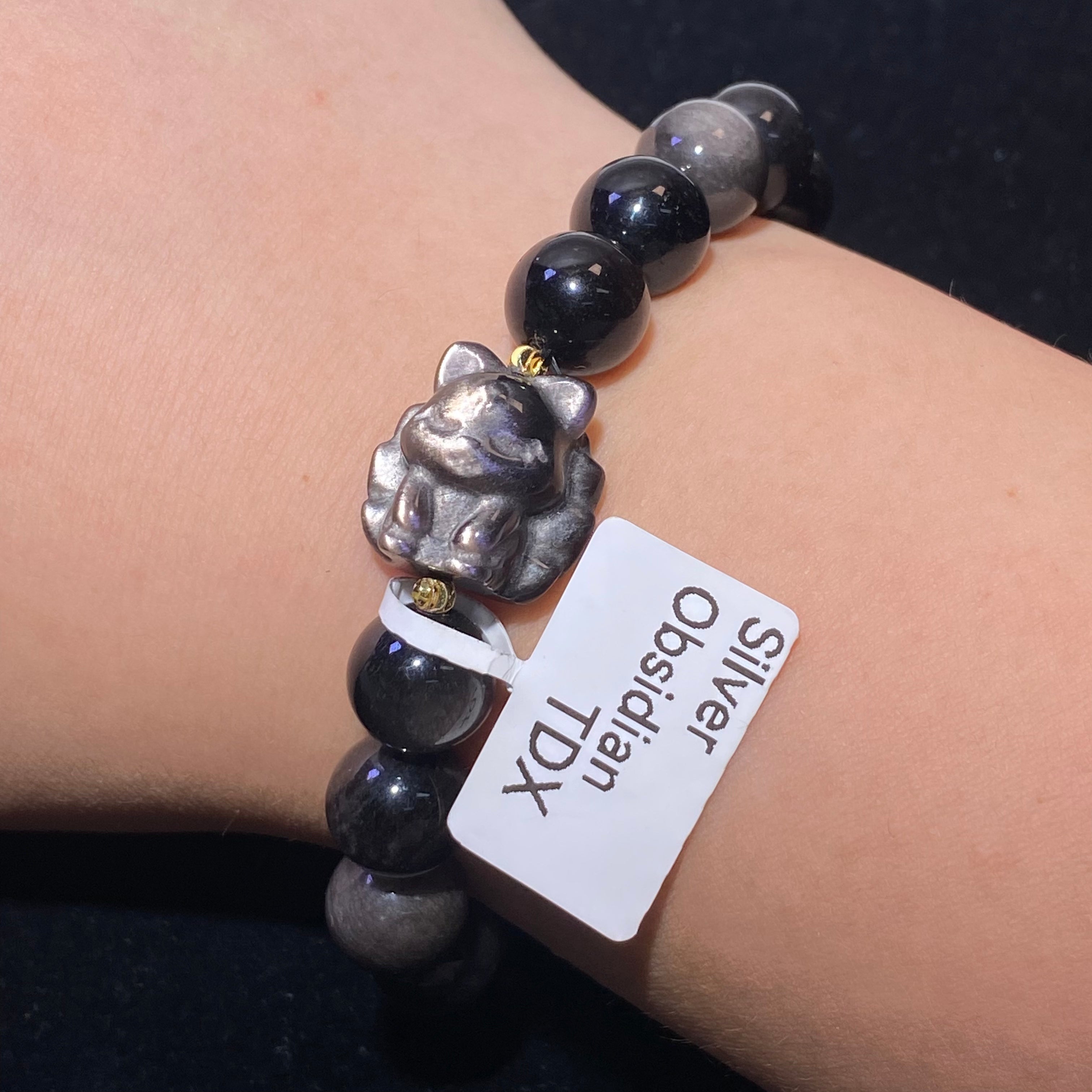 10.4mm+Natural Silver Sheen Obsidian Nine-Tailed Fox Stretch Bracelet Charming nine-tailed fox silver flash obsidian love & aura protection crystal bracelet