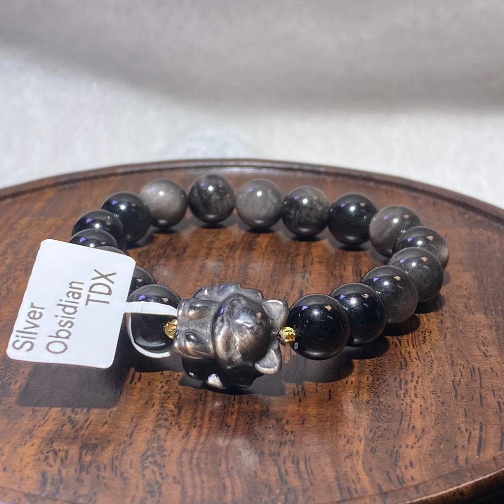 10.4mm+Natural Silver Sheen Obsidian Nine-Tailed Fox Stretch Bracelet Charming nine-tailed fox silver flash obsidian love & aura protection crystal bracelet