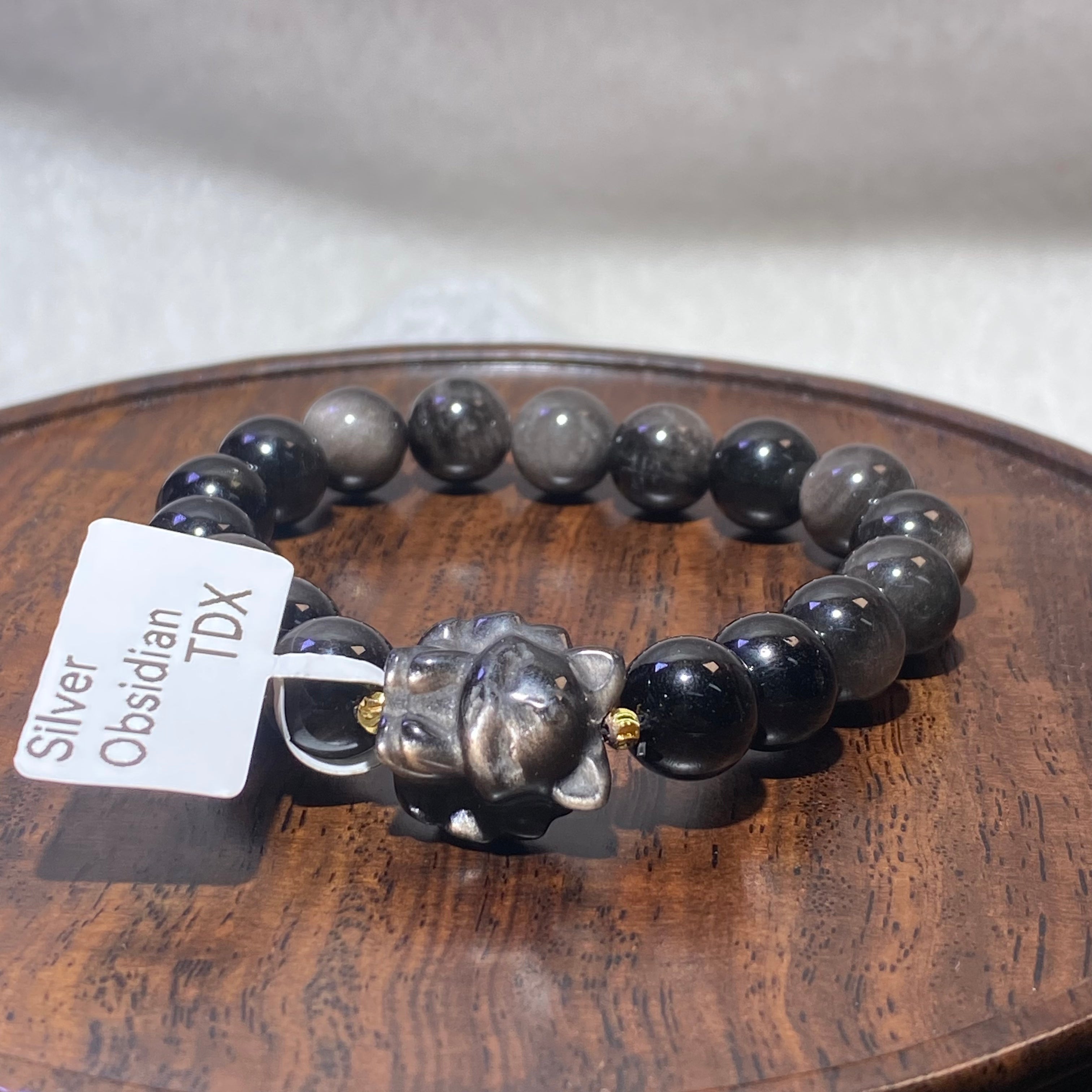 10.4mm+Natural Silver Sheen Obsidian Nine-Tailed Fox Stretch Bracelet Charming nine-tailed fox silver flash obsidian love & aura protection crystal bracelet
